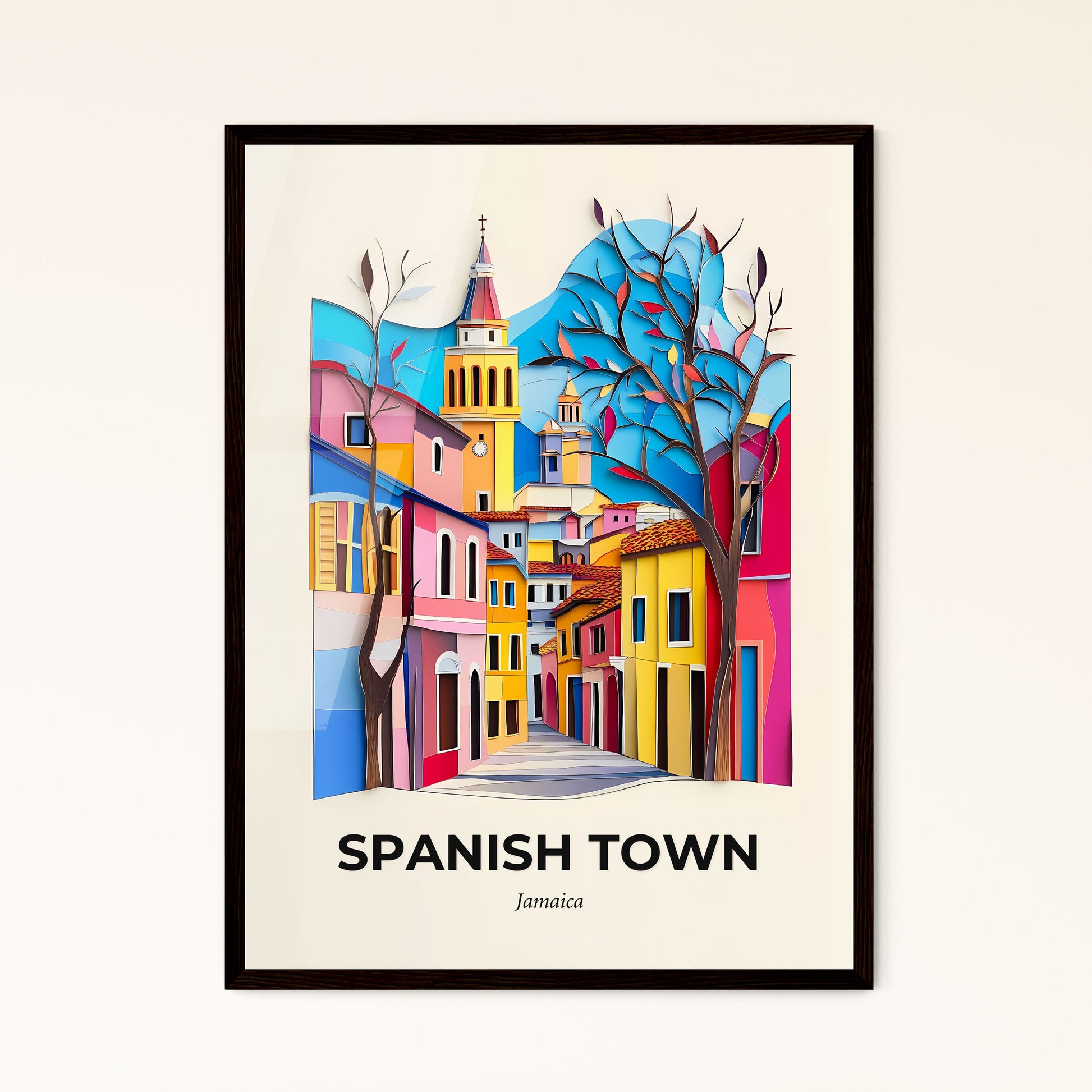 Vivid Spanish Town, Jamaica - a paper cut of a colorful city with a clock tower