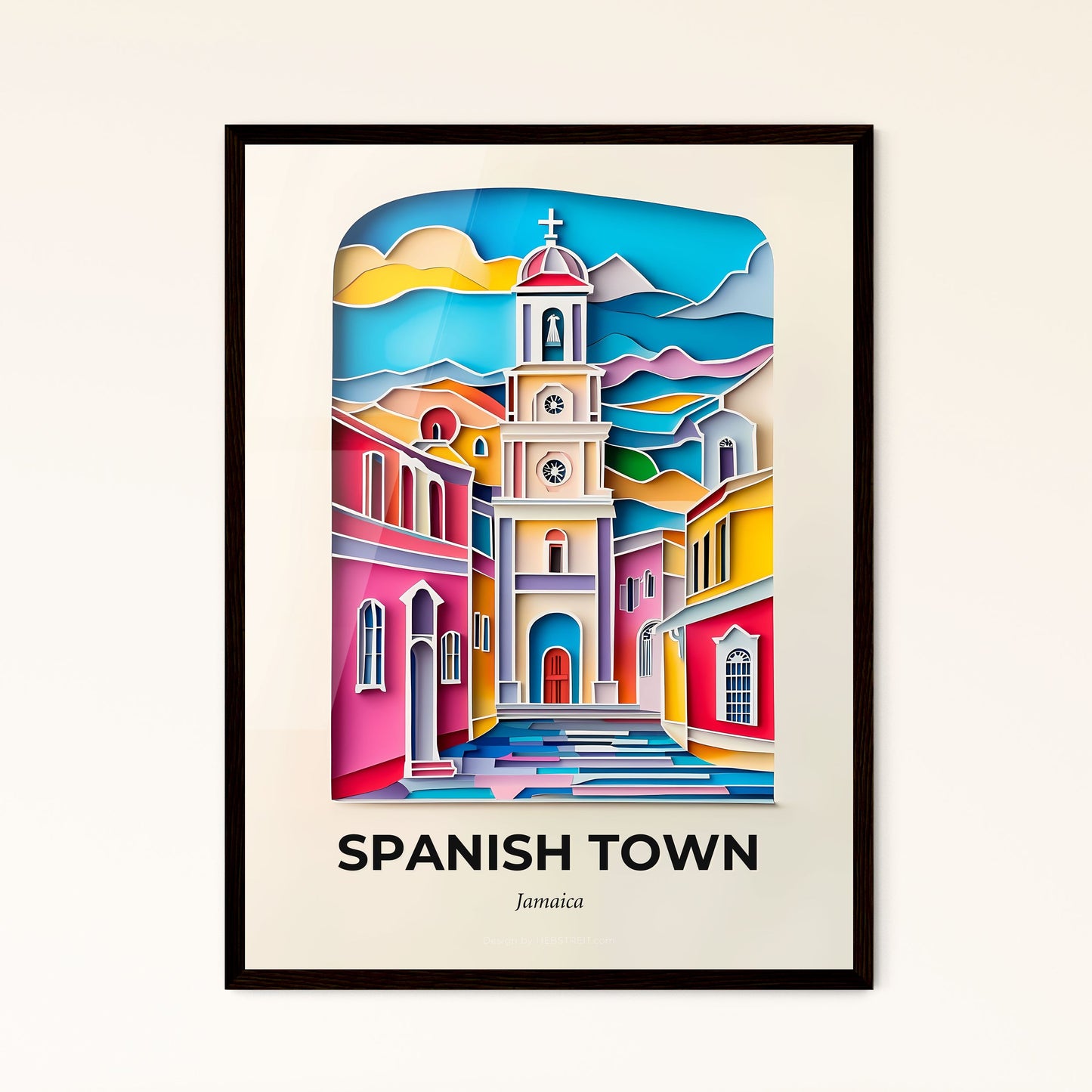 Vivid Spanish Town, Jamaica - a painting of a church with a clock tower