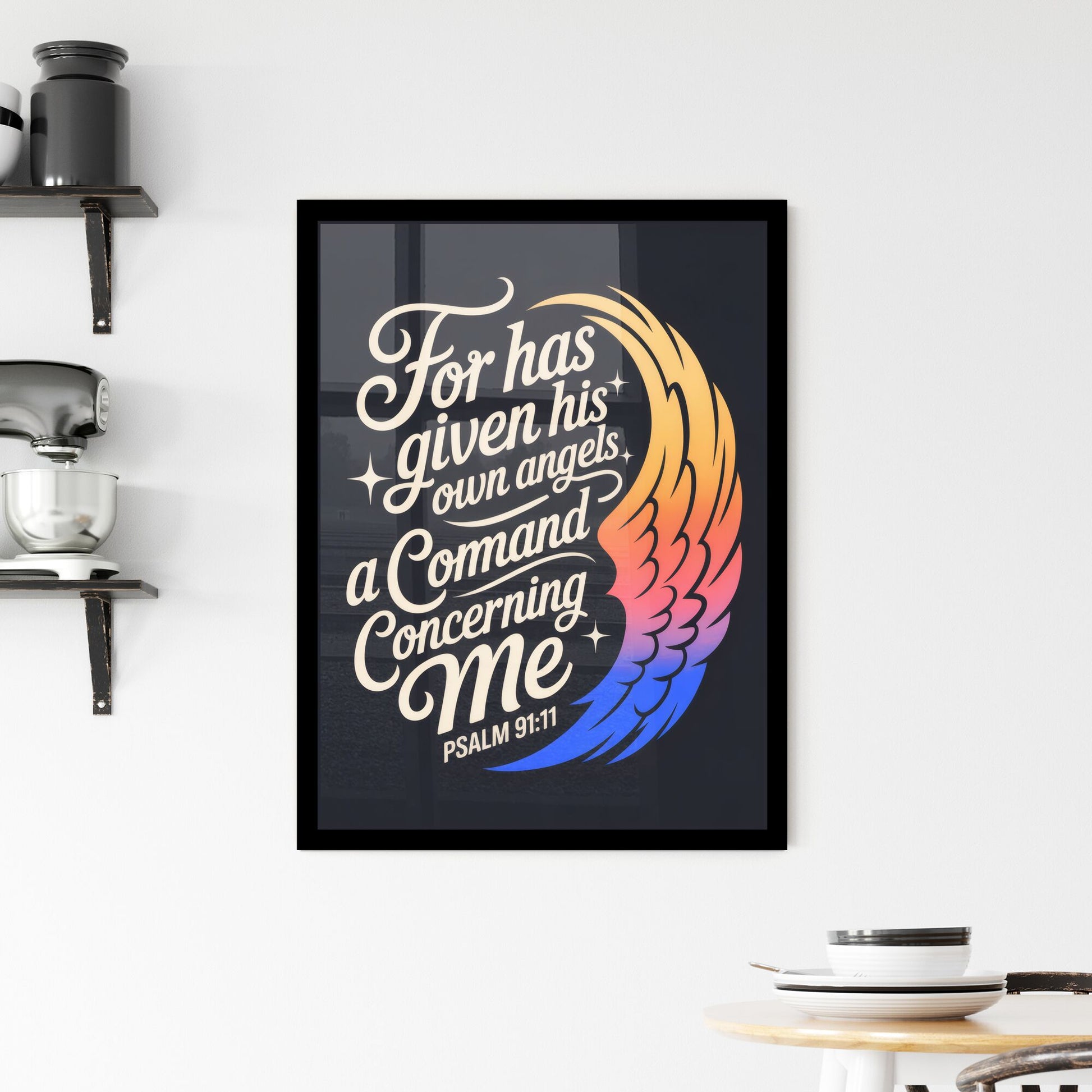 Spiritual Inspiration: Angelic Protection and Divine Command – Psalm 91:11 Design Framed Print