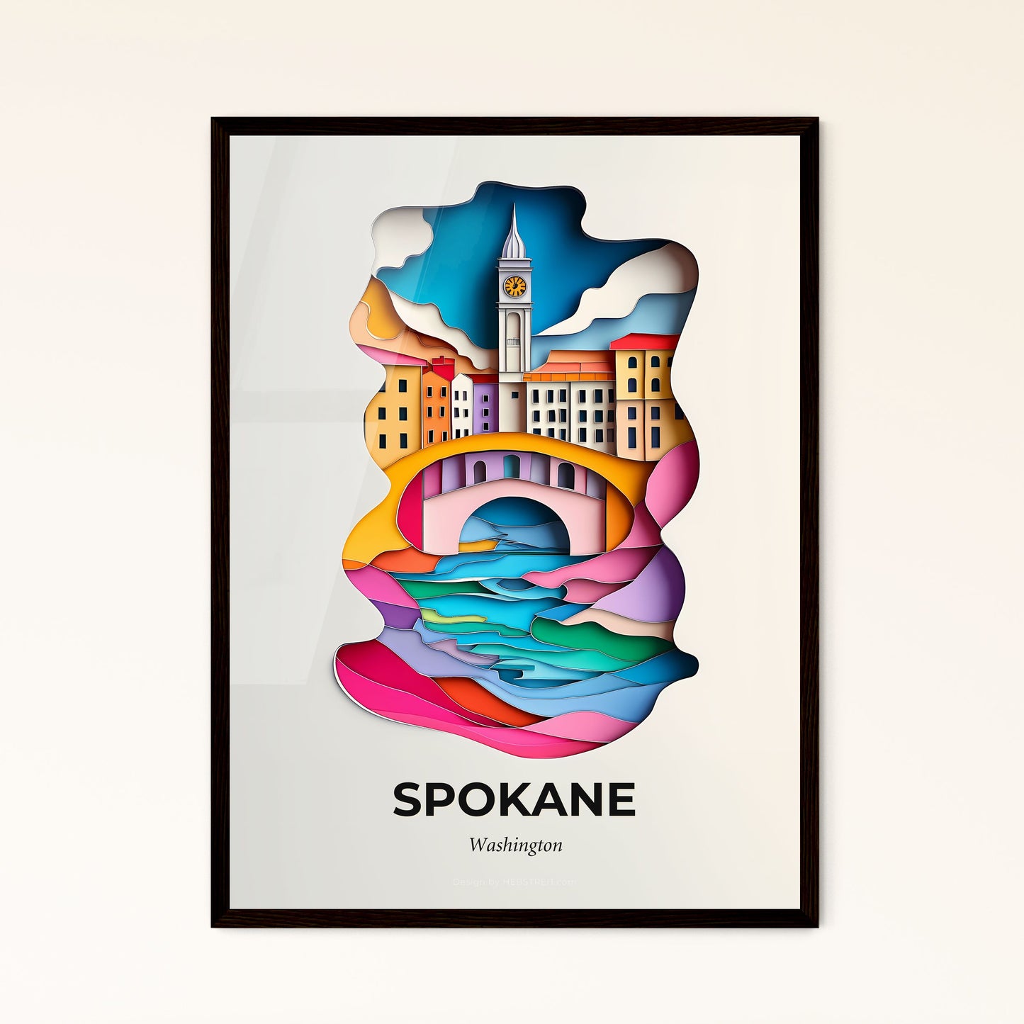 Vivid Spokane, Washington - a paper cut of a city with a clock tower