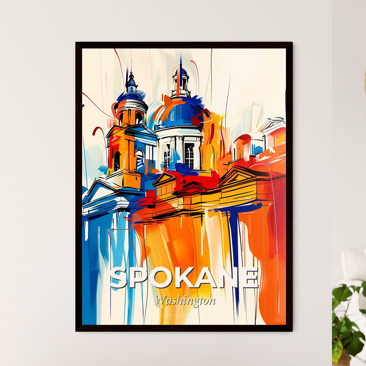 Vibrant Spokane, Washington - A Painting Of A Building With A Blue Dome And Orange Walls