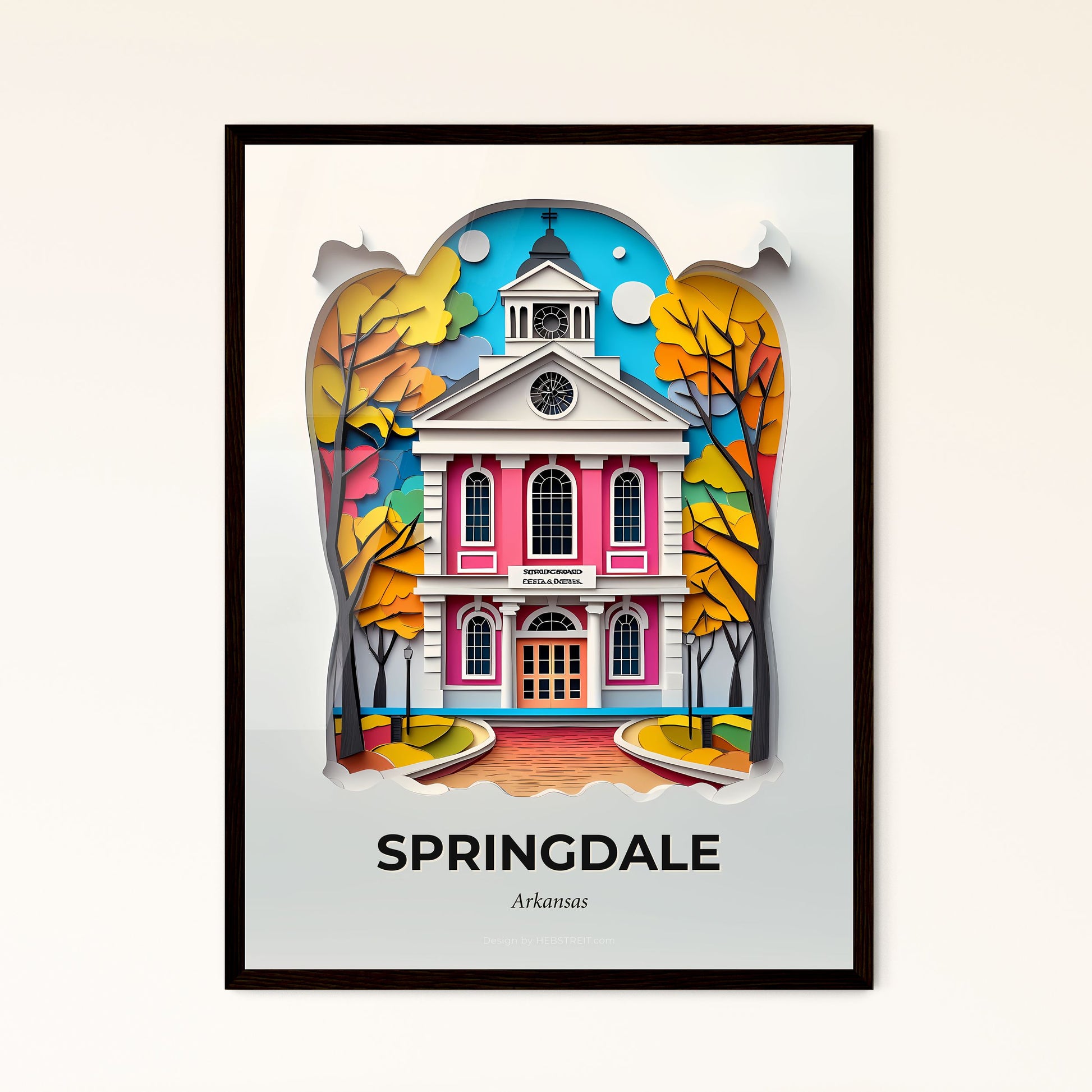 Vivid Springdale, Arkansas - a paper cut of a church with a clock tower