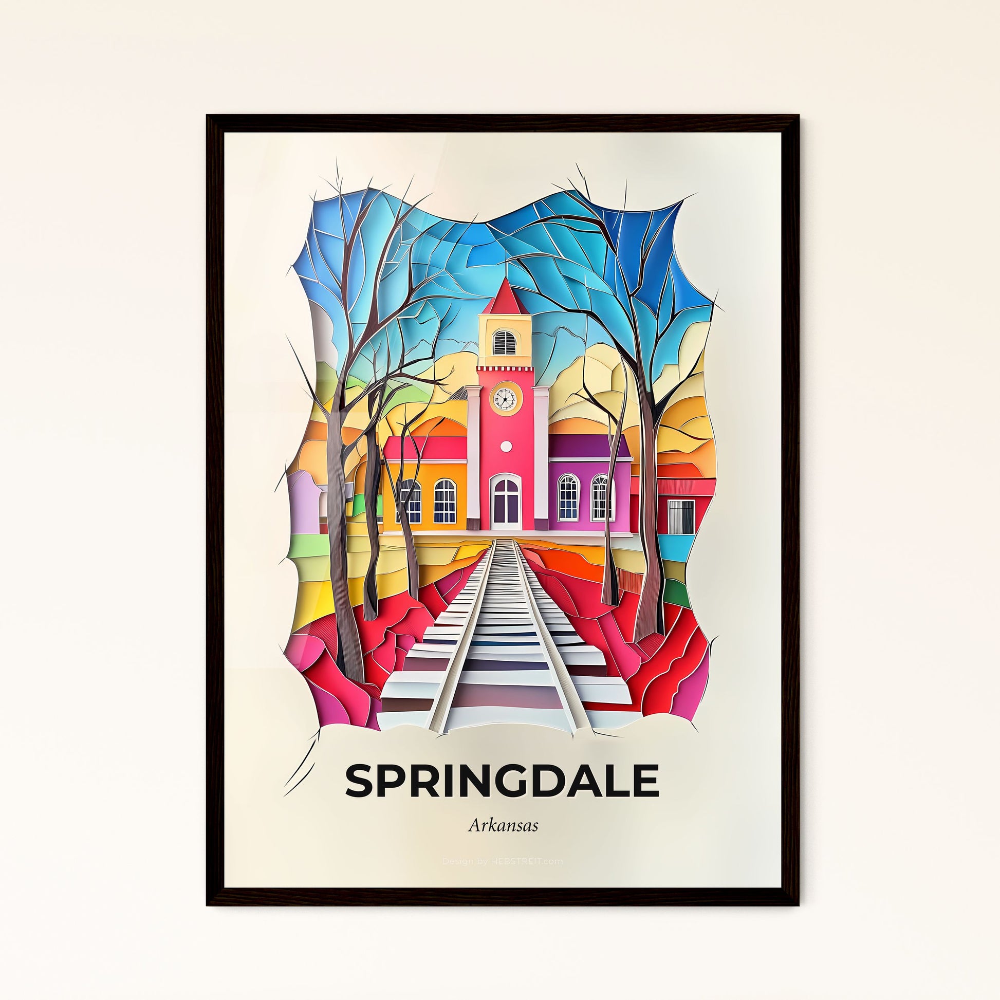 Vivid Springdale, Arkansas - a painting of a train track with a clock tower