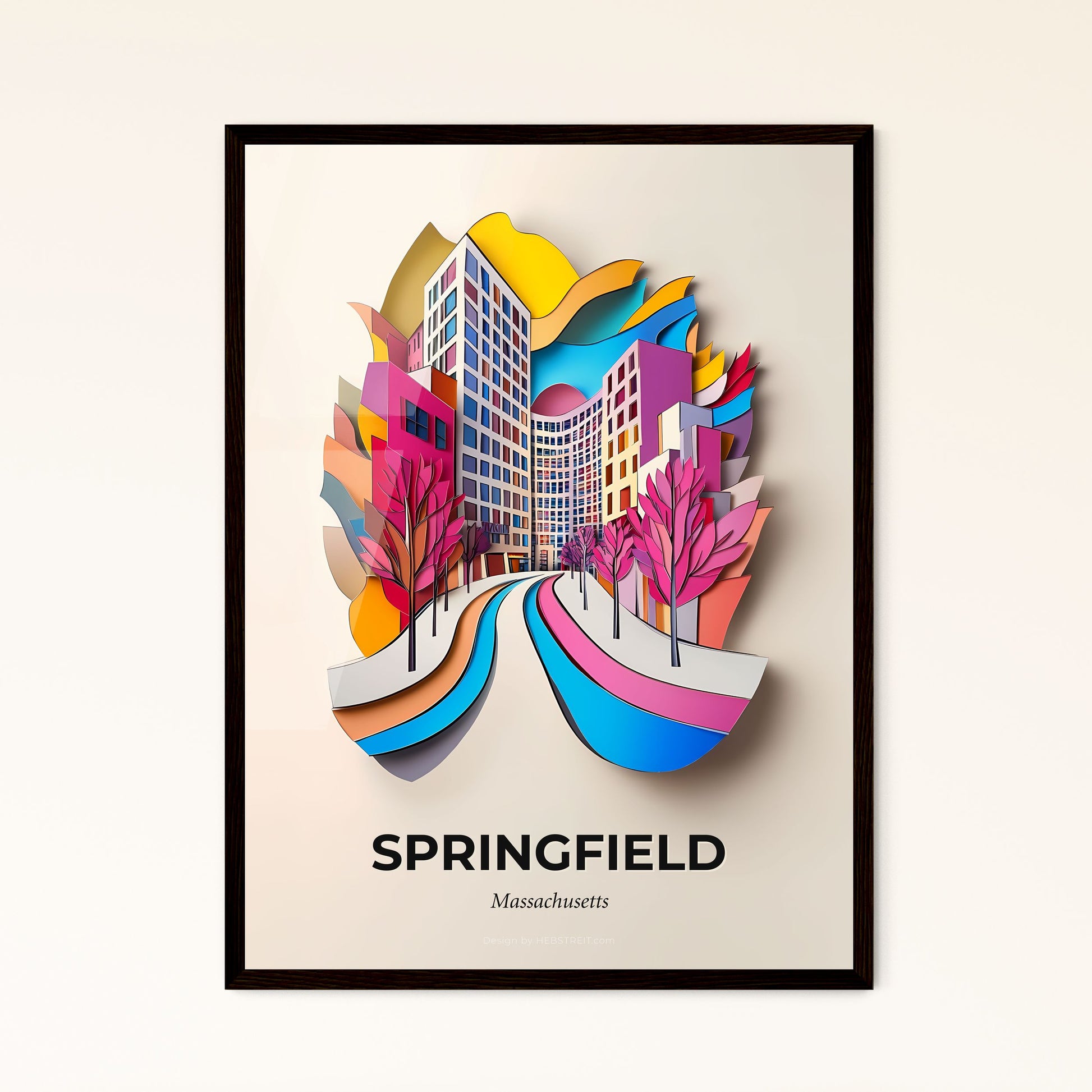 Vivid Springfield, Massachusetts - a paper cut of a city with a river