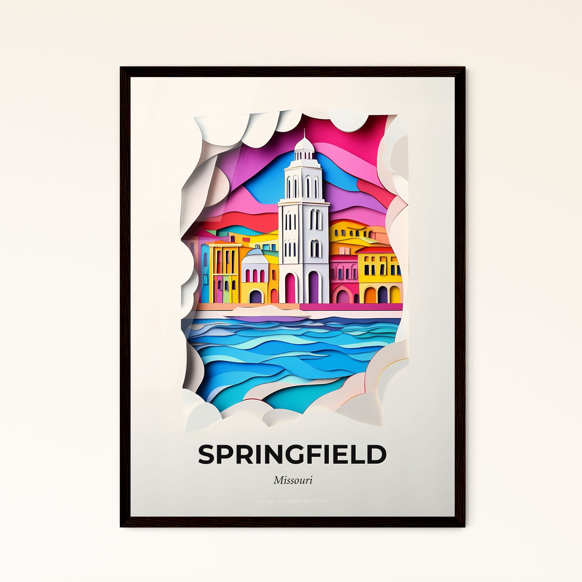 Vivid Springfield, Missouri - a paper cut of a city with a clock tower