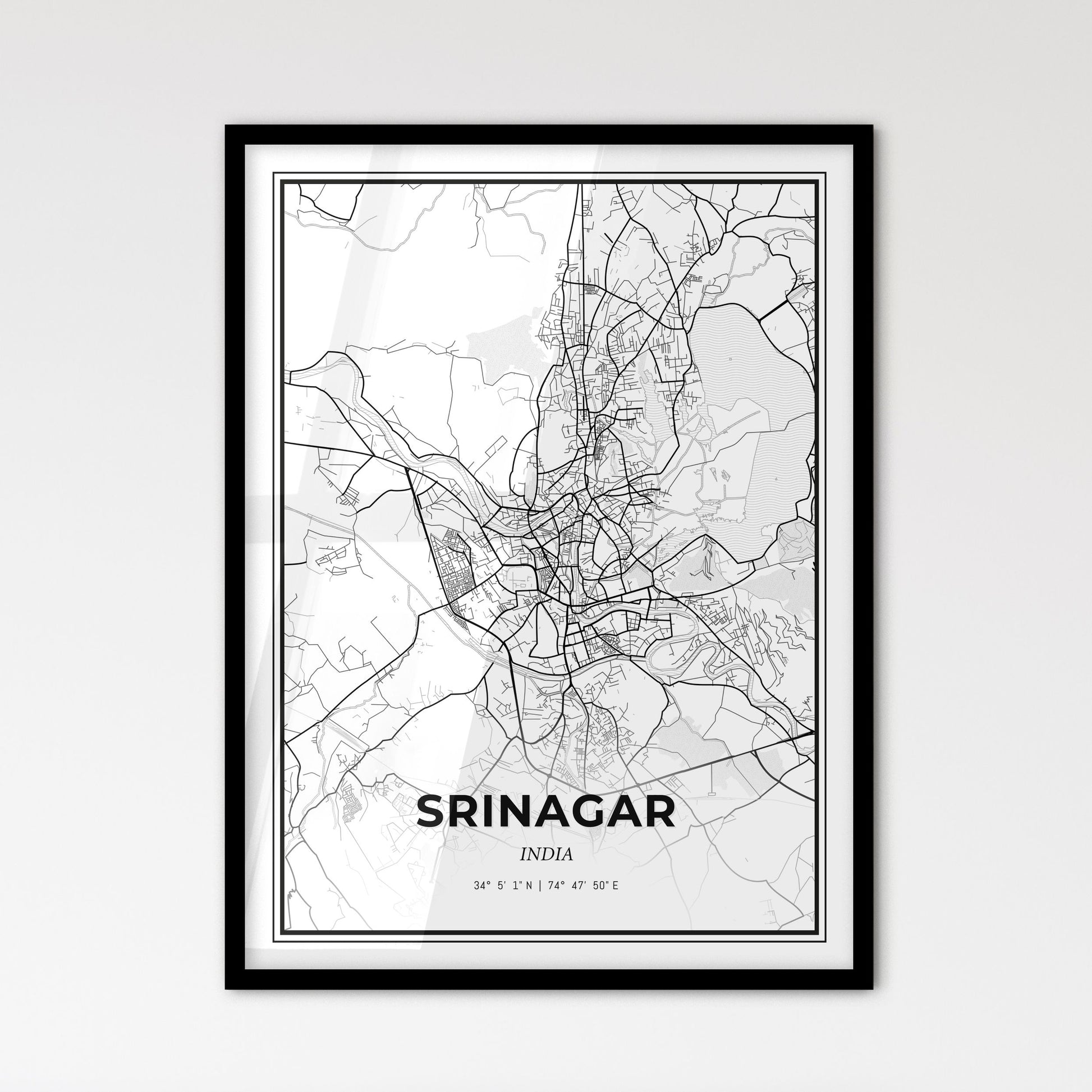 Srinagar India - Scandinavian Style City Map for Modern Home Decor