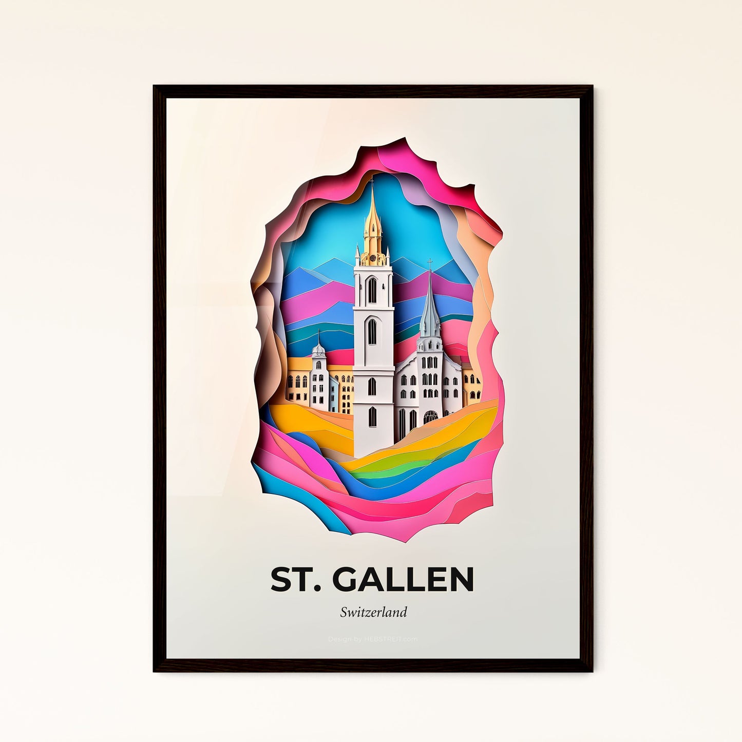 Vivid St. Gallen, Switzerland - a paper cut of a church with a rainbow sky