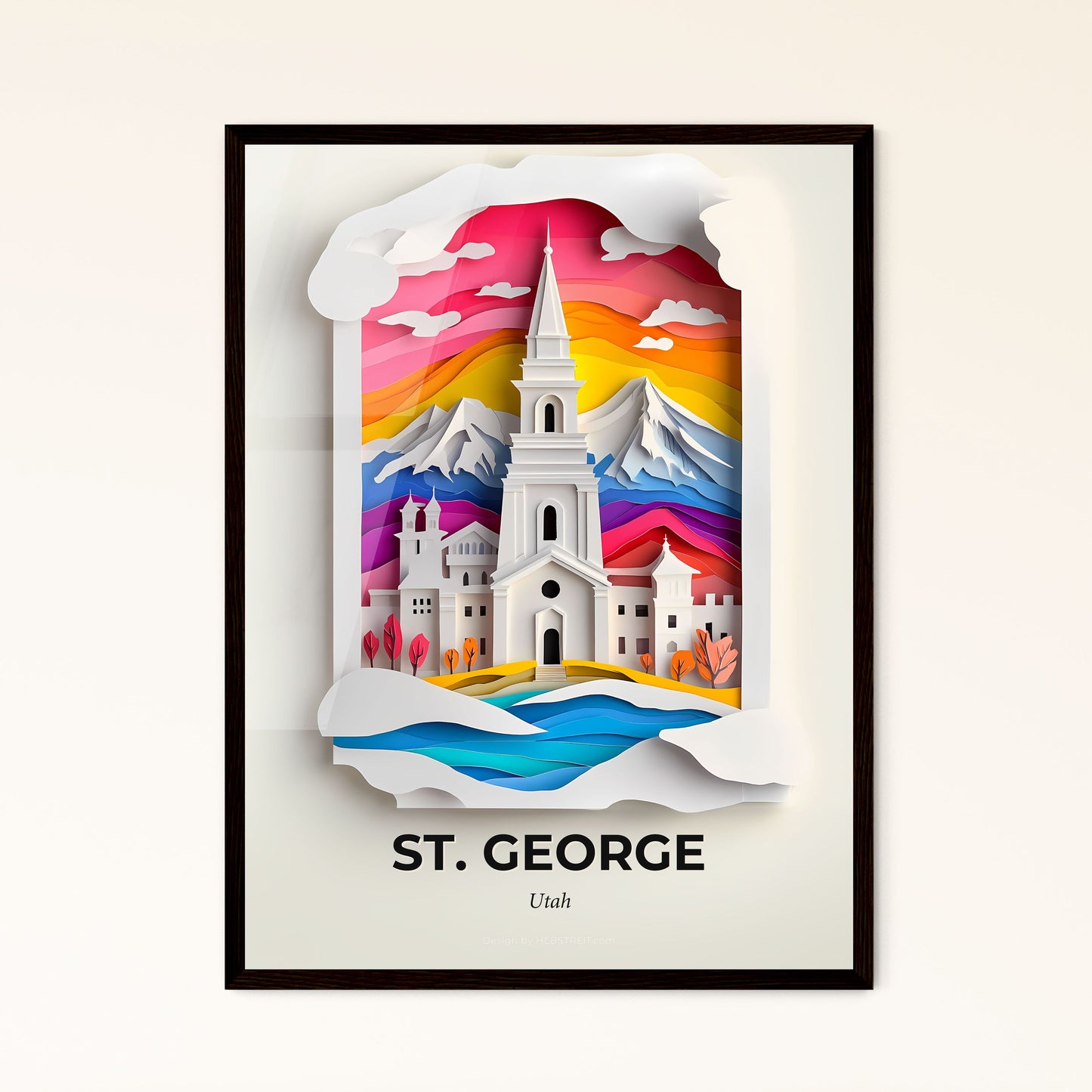 Vivid St. George, Utah - a paper cut of a church with a mountain in the background