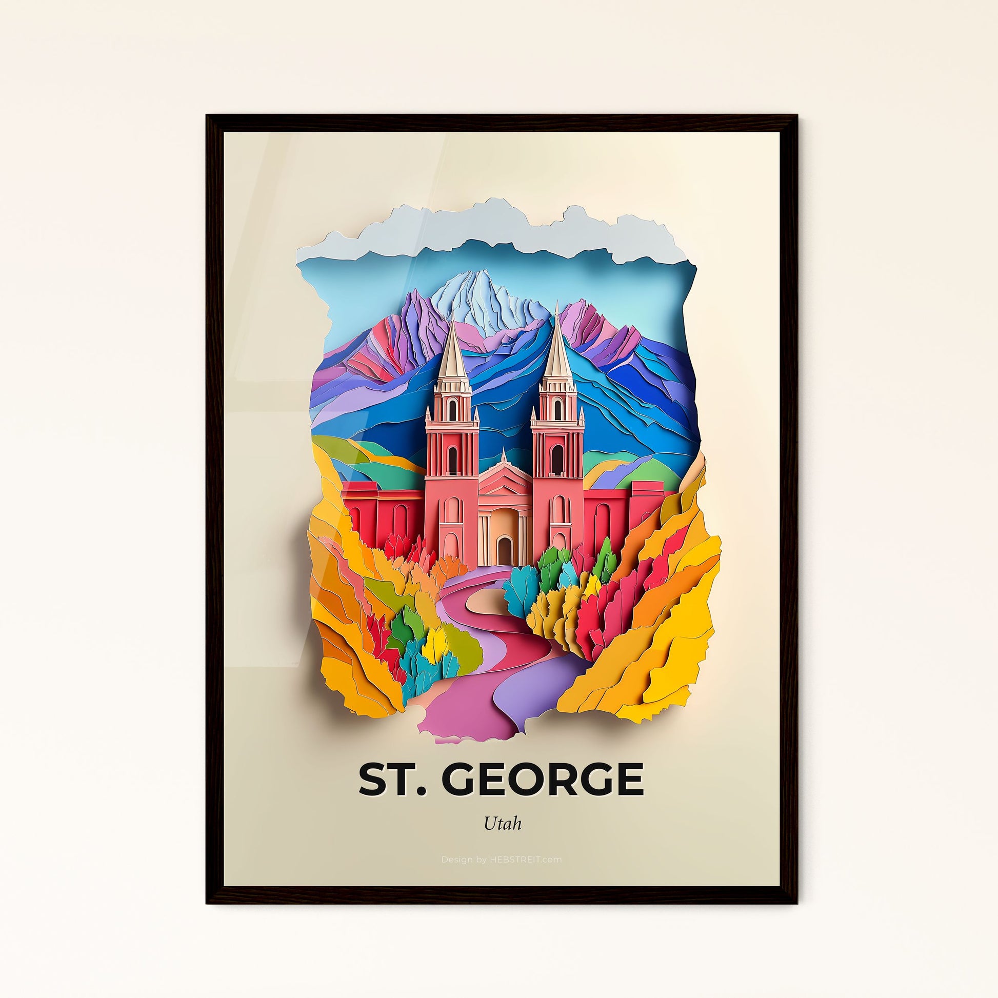 Vivid St. George, Utah - a paper cut of a church with a mountain in the background