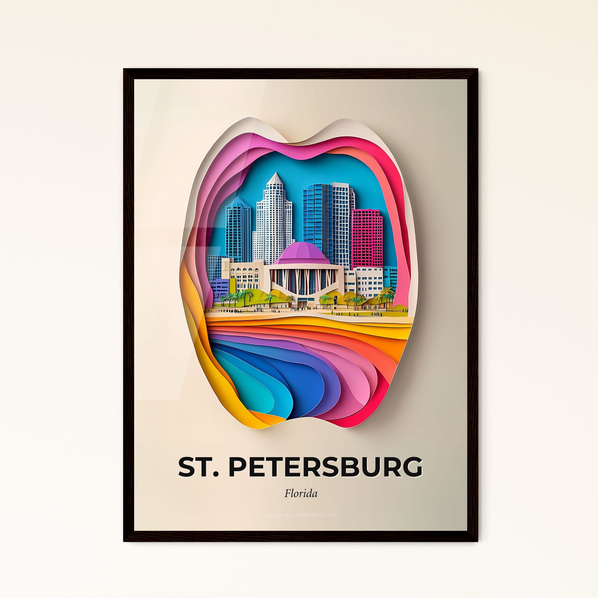 Vivid St. Petersburg, Florida - a paper cut of a city with a rainbow colored apple