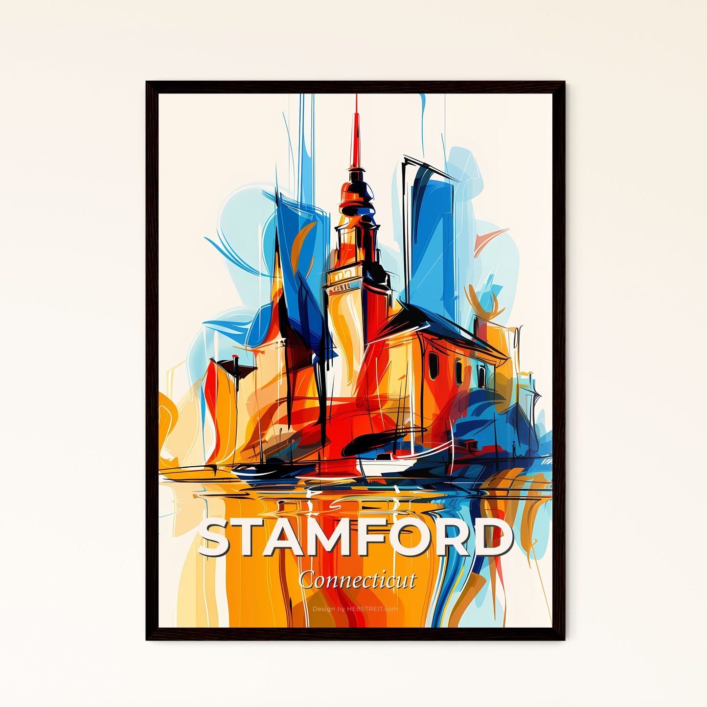 Vibrant Stamford, Connecticut - A Painting Of A Building With A Tower And A Boat In The Water