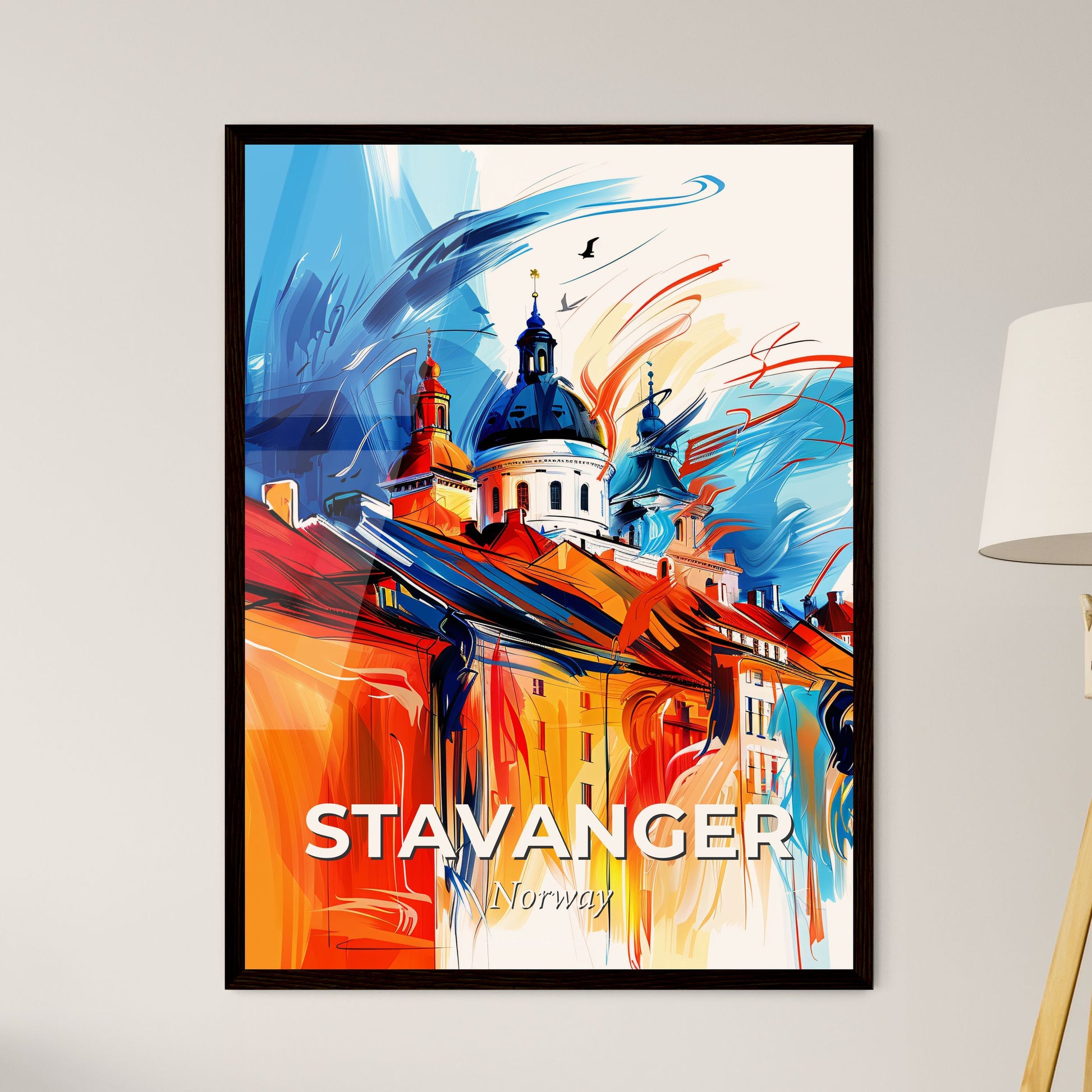 Vibrant Stavanger, Norway - A Painting Of A Building With A Dome And A Blue Sky