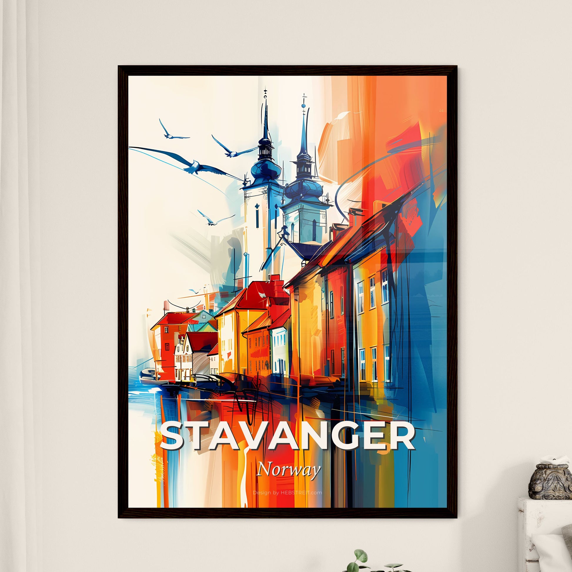 Vibrant Stavanger, Norway - A Painting Of A City With A Church And Water