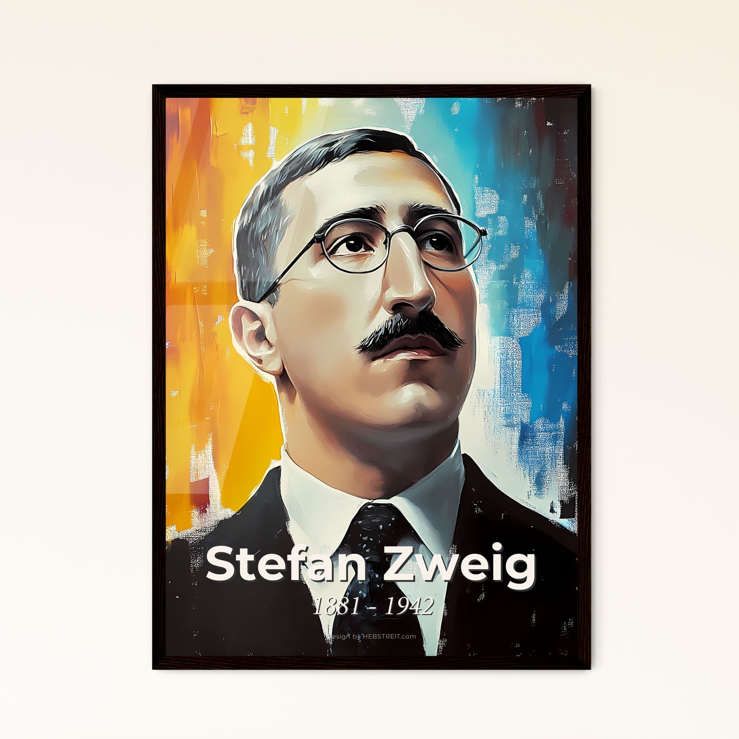 Portrait of Stefan Zweig, 1881 - 1942. Impressionistic painting of a man with a mustache wearing glasses and a suit.