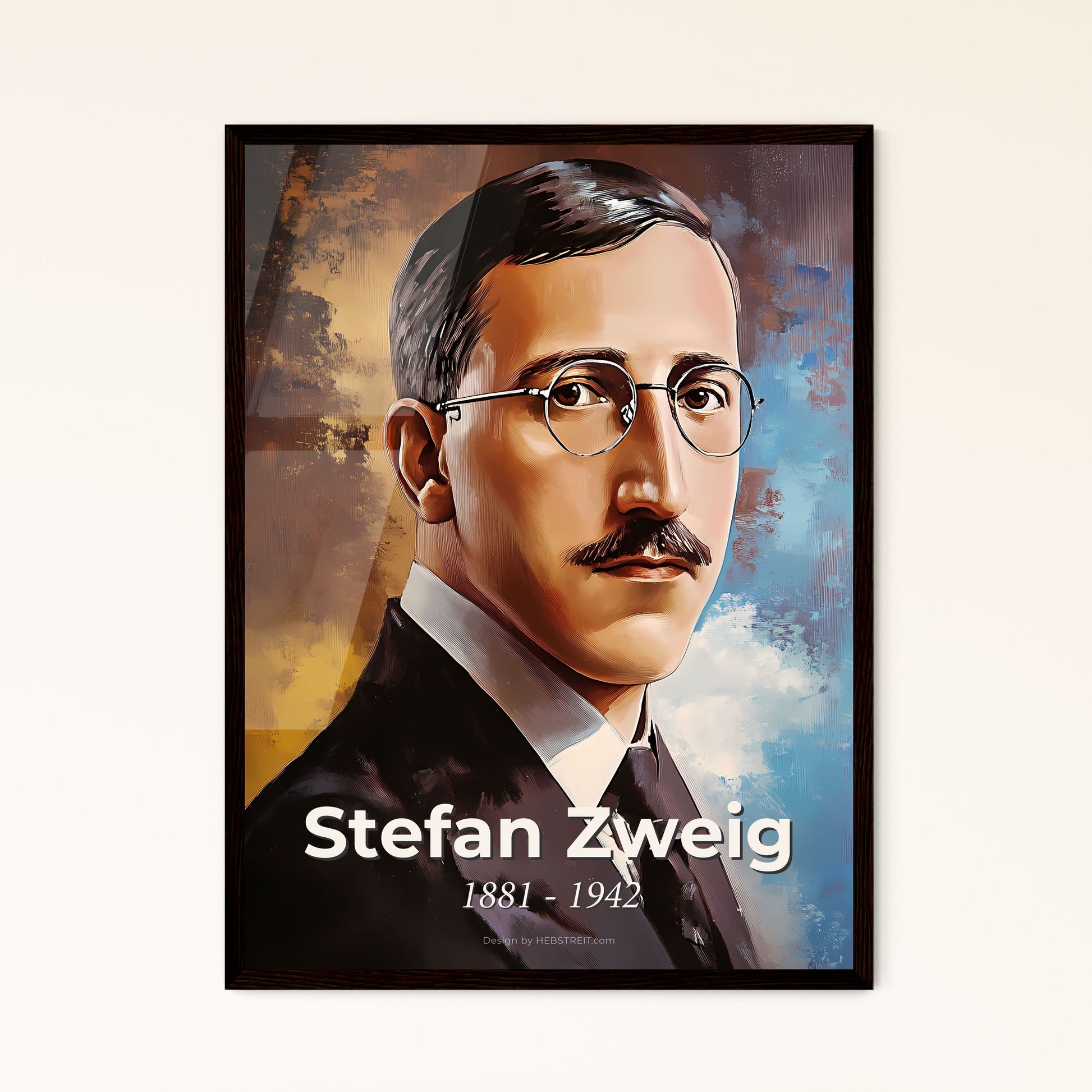 Portrait of Stefan Zweig, 1881 - 1942. Impressionistic painting of a man with a mustache wearing glasses.