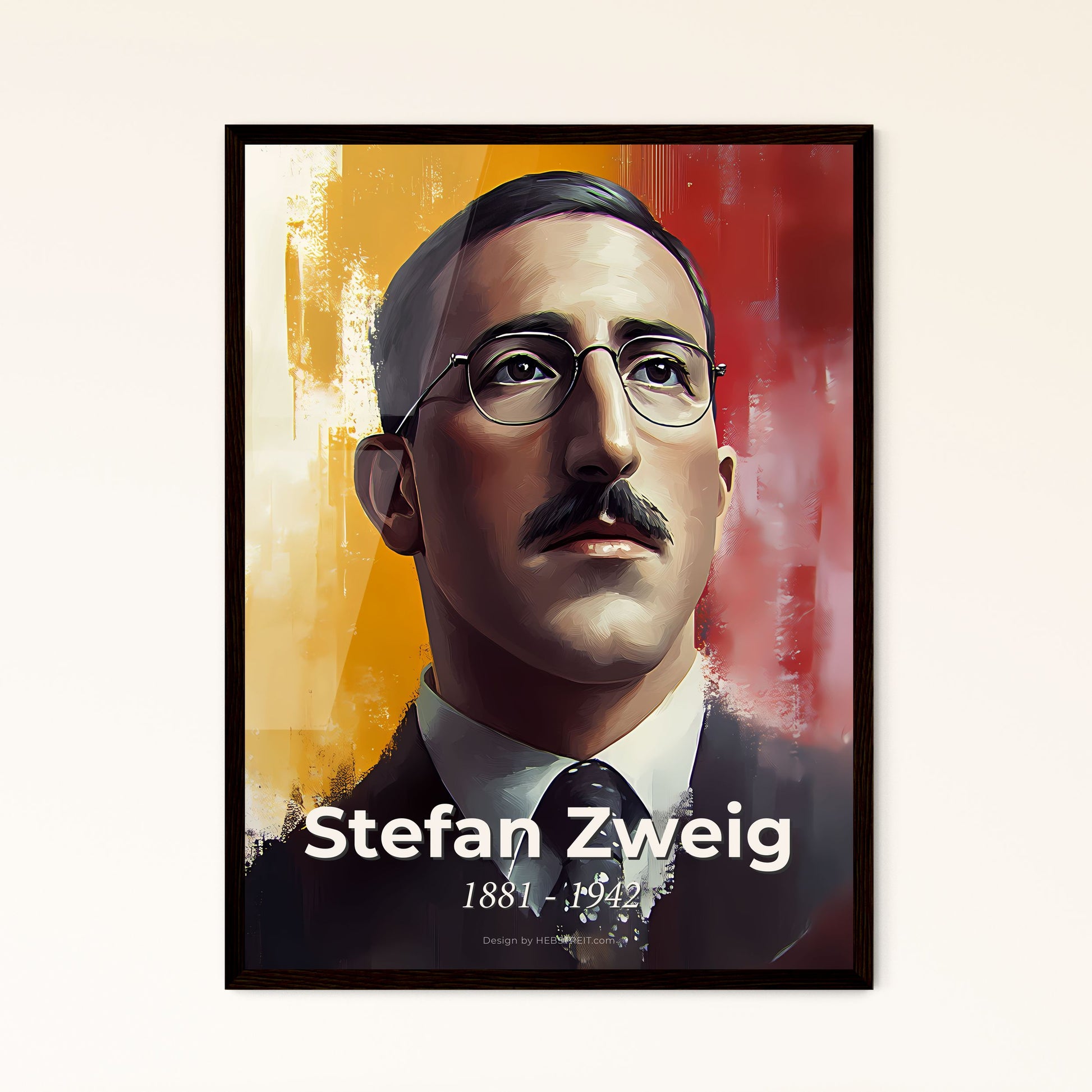 Portrait of Stefan Zweig, 1881 - 1942. Impressionistic painting of a man with a mustache wearing glasses.