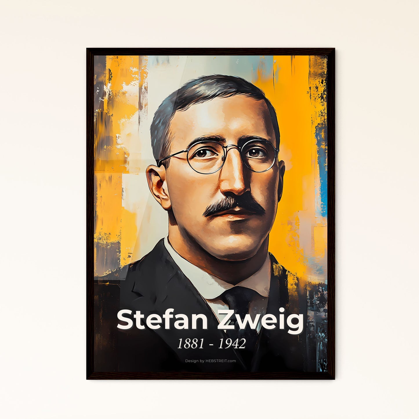 Portrait of Stefan Zweig, 1881 - 1942. Impressionistic painting of a man with a mustache wearing glasses.