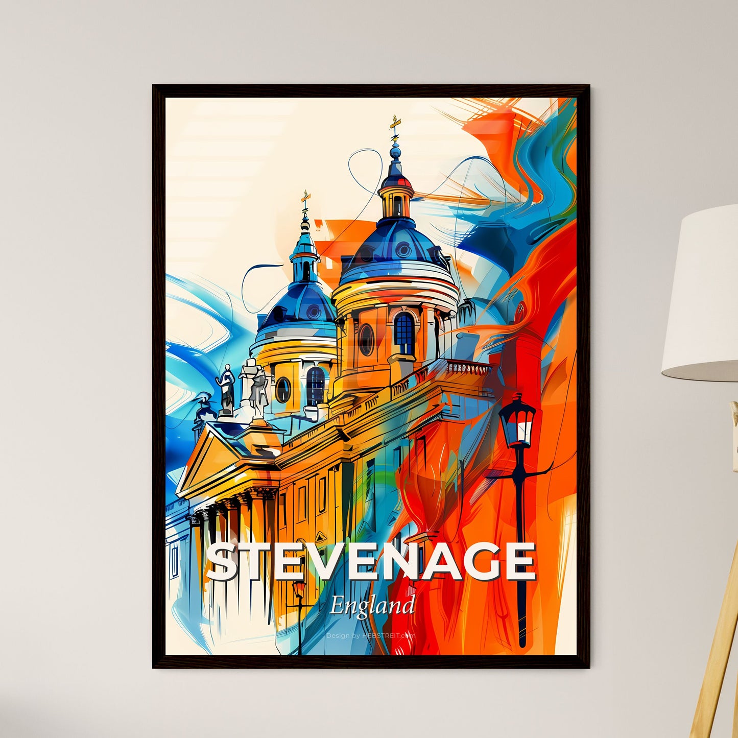 Vibrant Stevenage, England - A Painting Of A Building With A Colorful Background