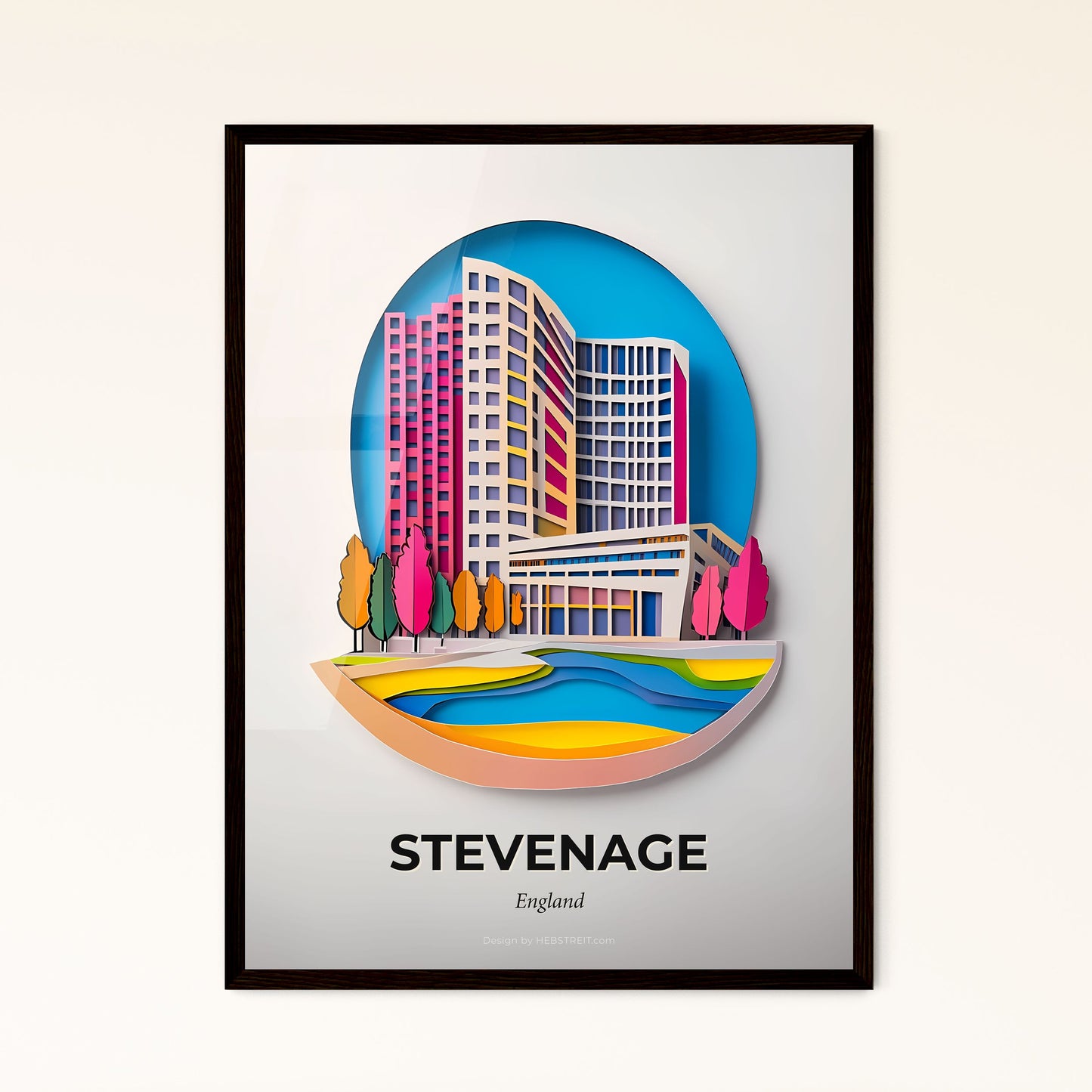 Vivid Stevenage, England - a paper cut of a city with a river