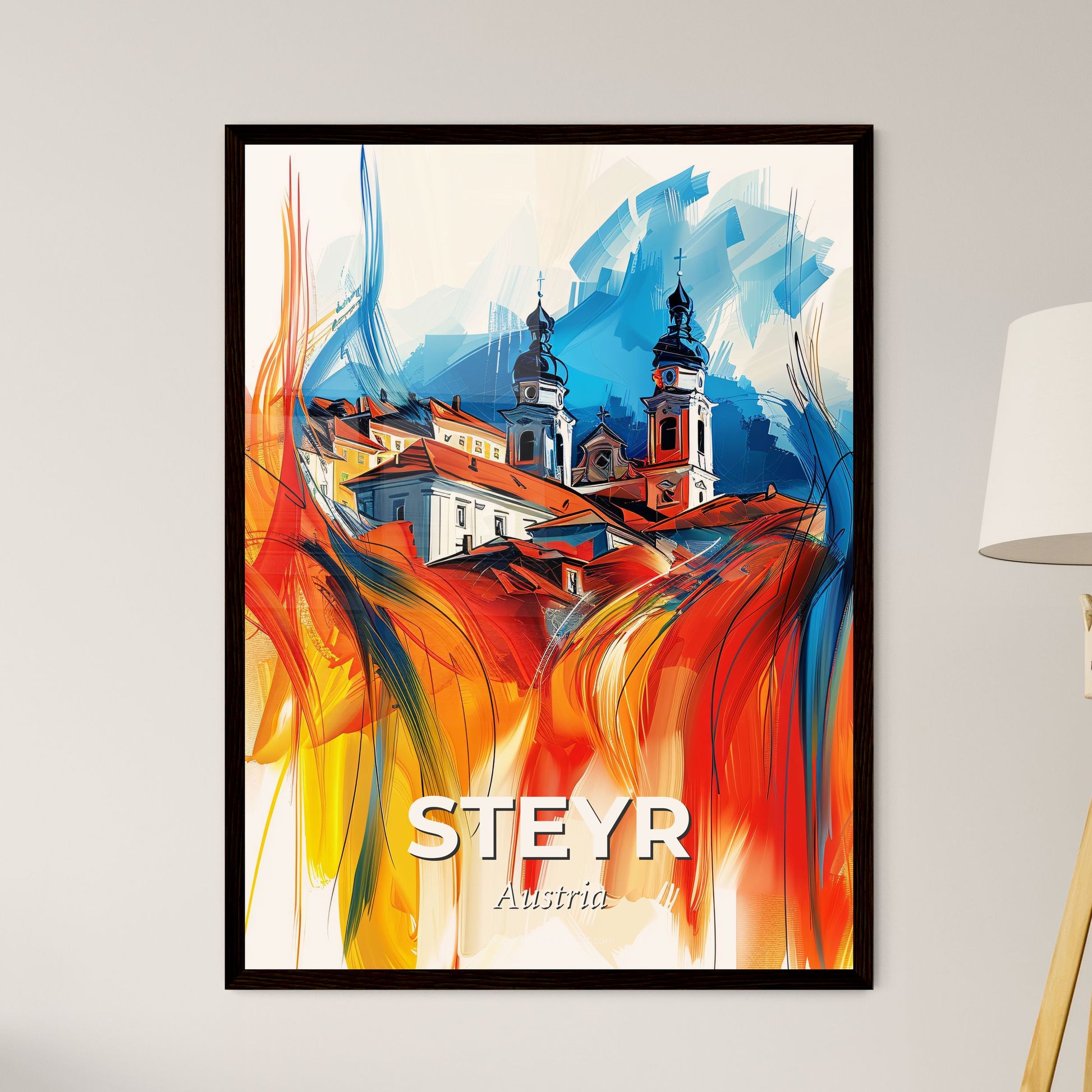 Vibrant Steyr, Austria - A Painting Of A Building With Towers And A Colorful Background