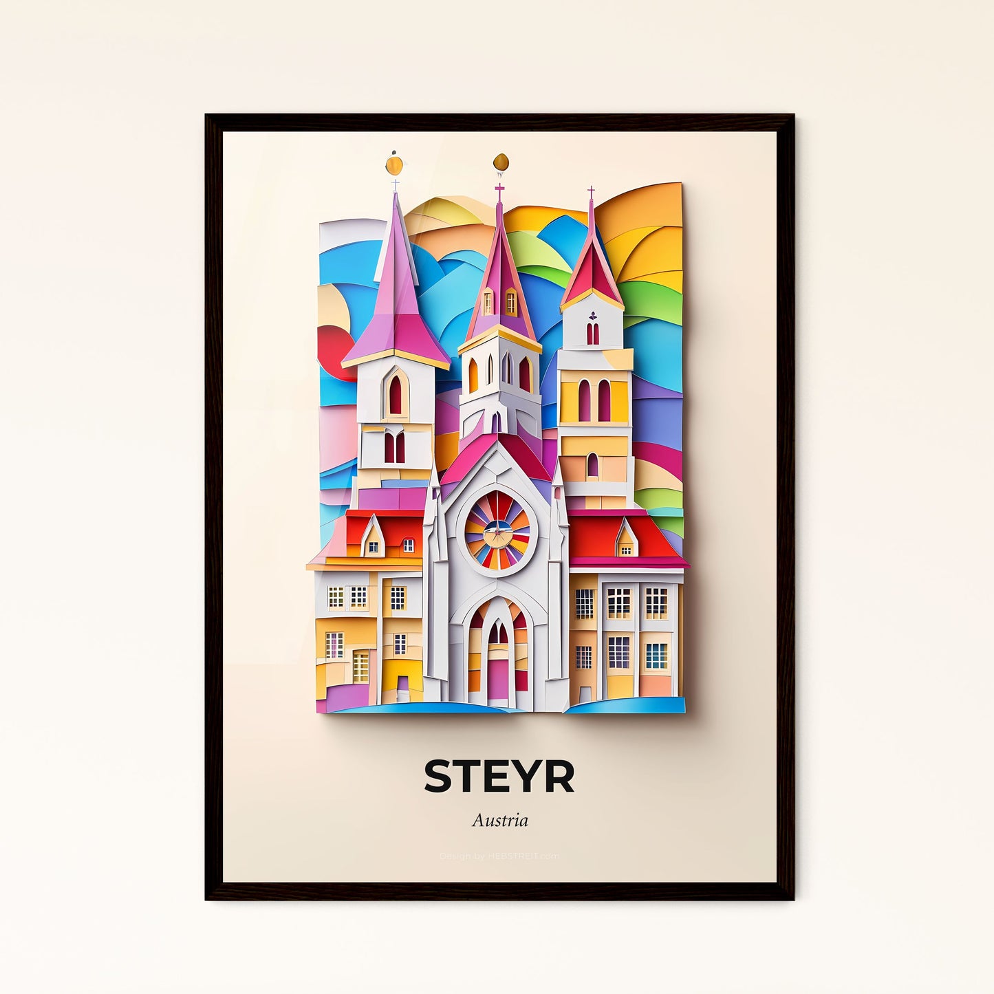 Vivid Steyr, Austria - a colorful church with a rainbow sky in the background