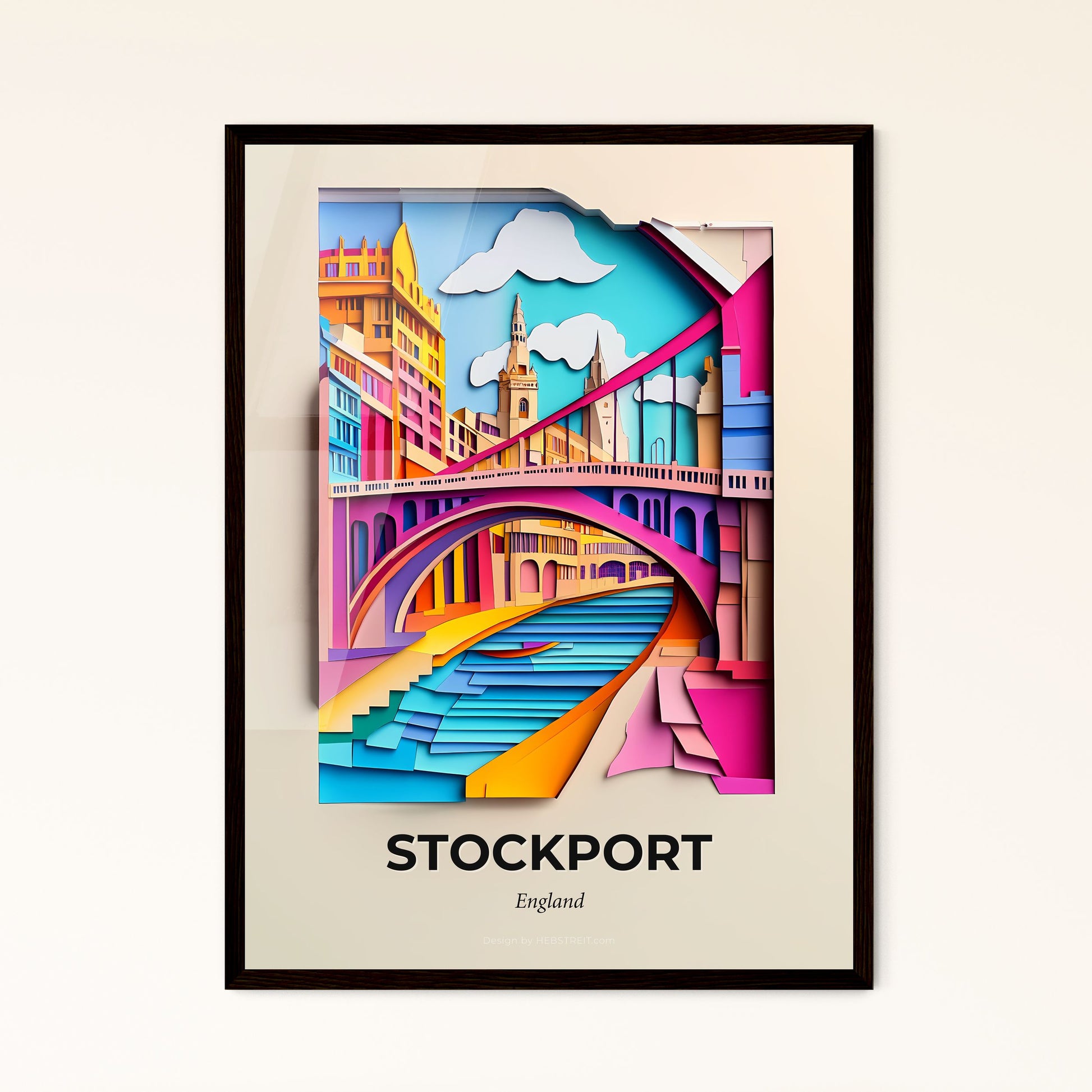 Vivid Stockport, England - a colorful paper cut of a bridge over a river