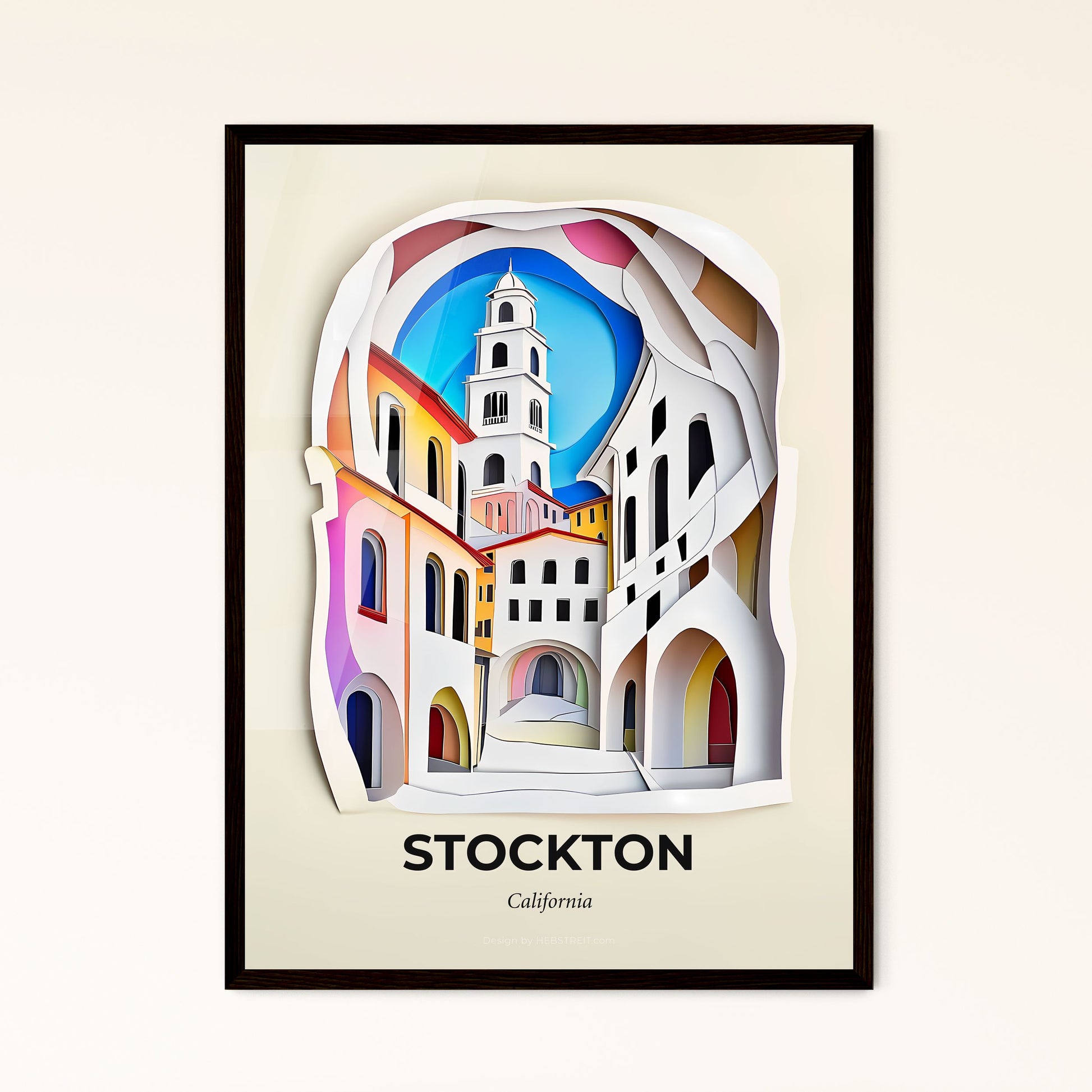 Vivid Stockton, California - a paper cut of a church tower in a town