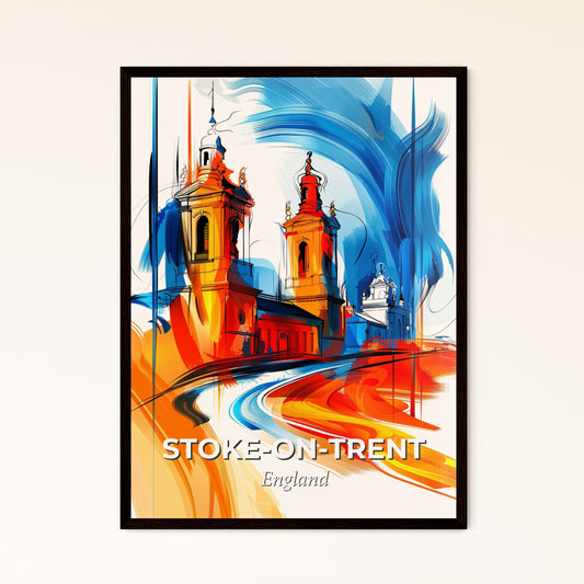 Vibrant Stoke-On-Trent, England - A Painting Of A Building With Towers And A Blue And Orange Swirl