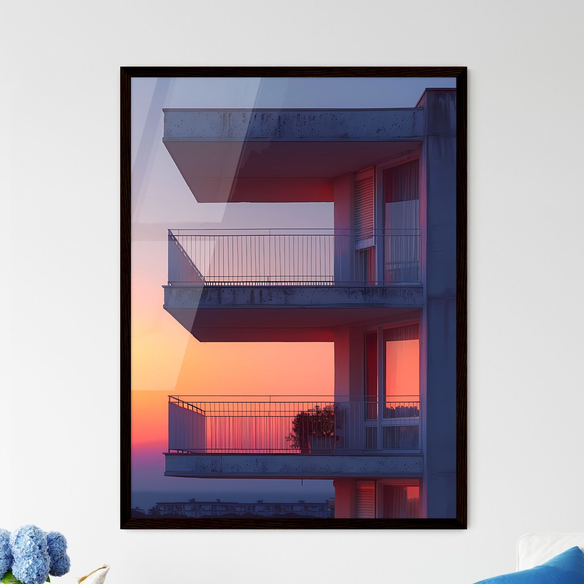 Vivid Pop Art Painting Portrays a Minimalist Building Facade with Balcony, Inspired by Pierre Pellegrini's Style Framed Art