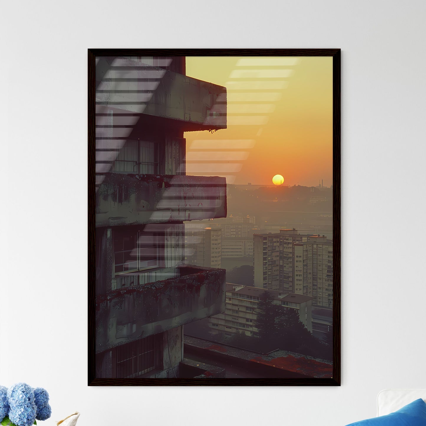 Minimalist Sunset over City Balconies Painting by Pierre Pellegrini, Vibrant Art Scene Framed Art