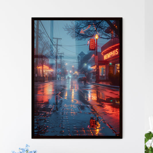 Vibrant Artistic Night Shot of Memphis Neon Sign — A Stunning Blue Frontal View Illuminates the Citys Essence Framed Art