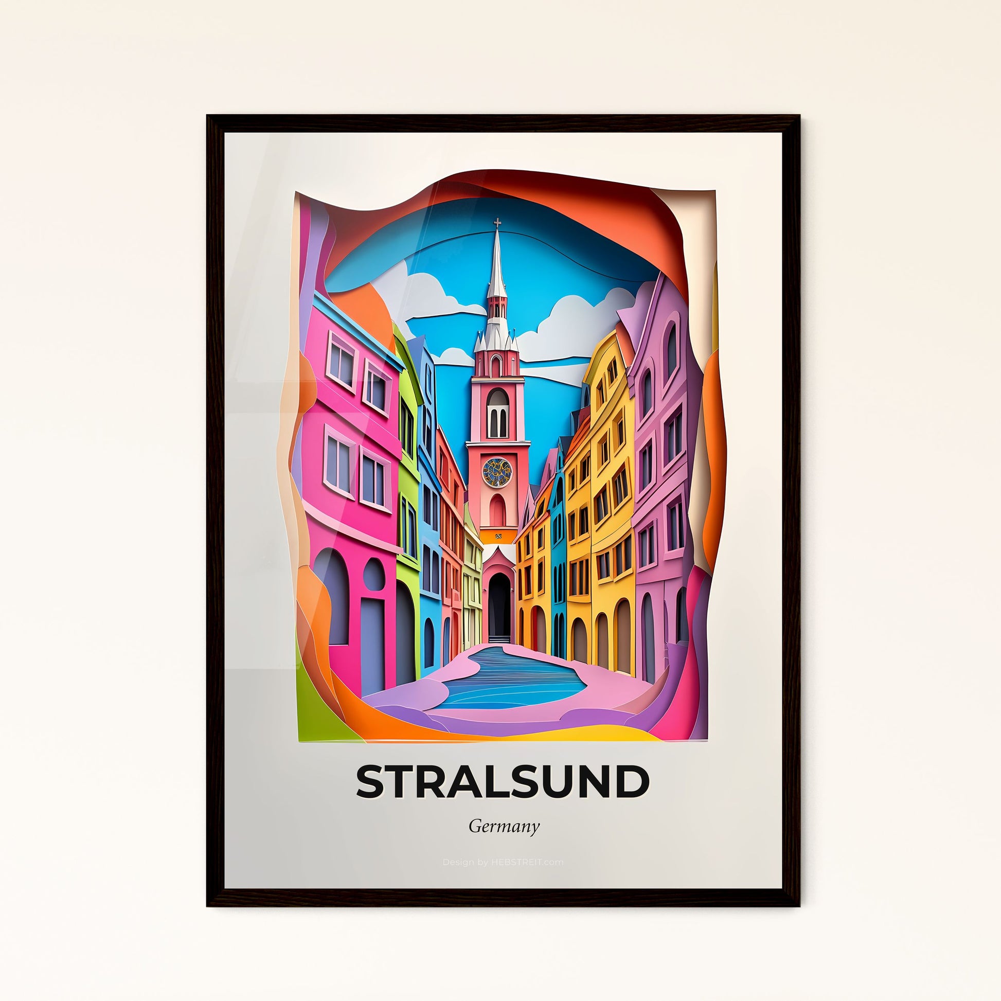 Vivid Stralsund, Germany - a colorful city street with a clock tower