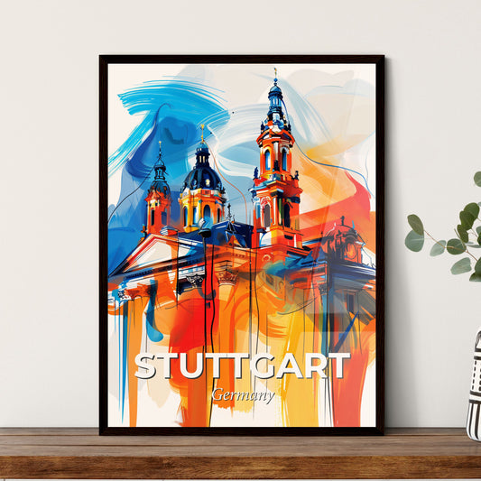 Vibrant Stuttgart, Germany - A Painting Of A Building With Towers And A Blue And Orange Background