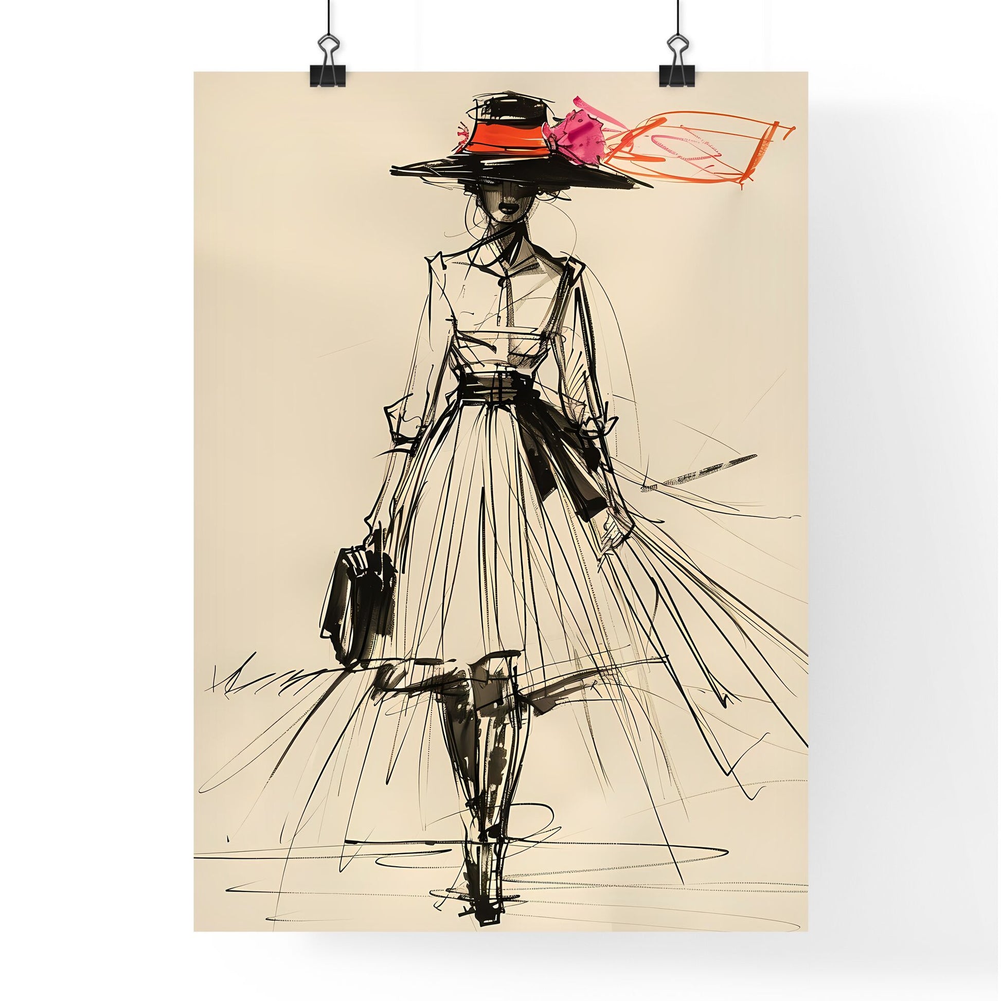 Artistic Fashion Sketch: Hand-Painted Woman's Portrait with Vibrant Dress and Hat Default Title