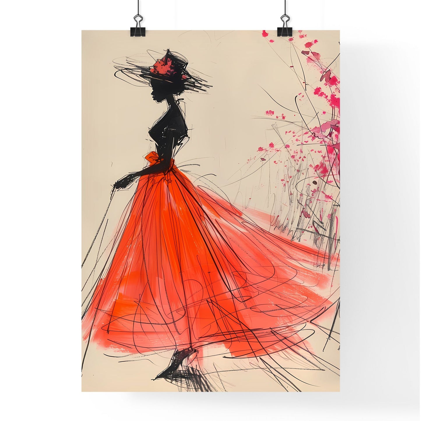 Vibrant Fashion Art: Artistic Woman Sketch in Flowing Red Dress Default Title