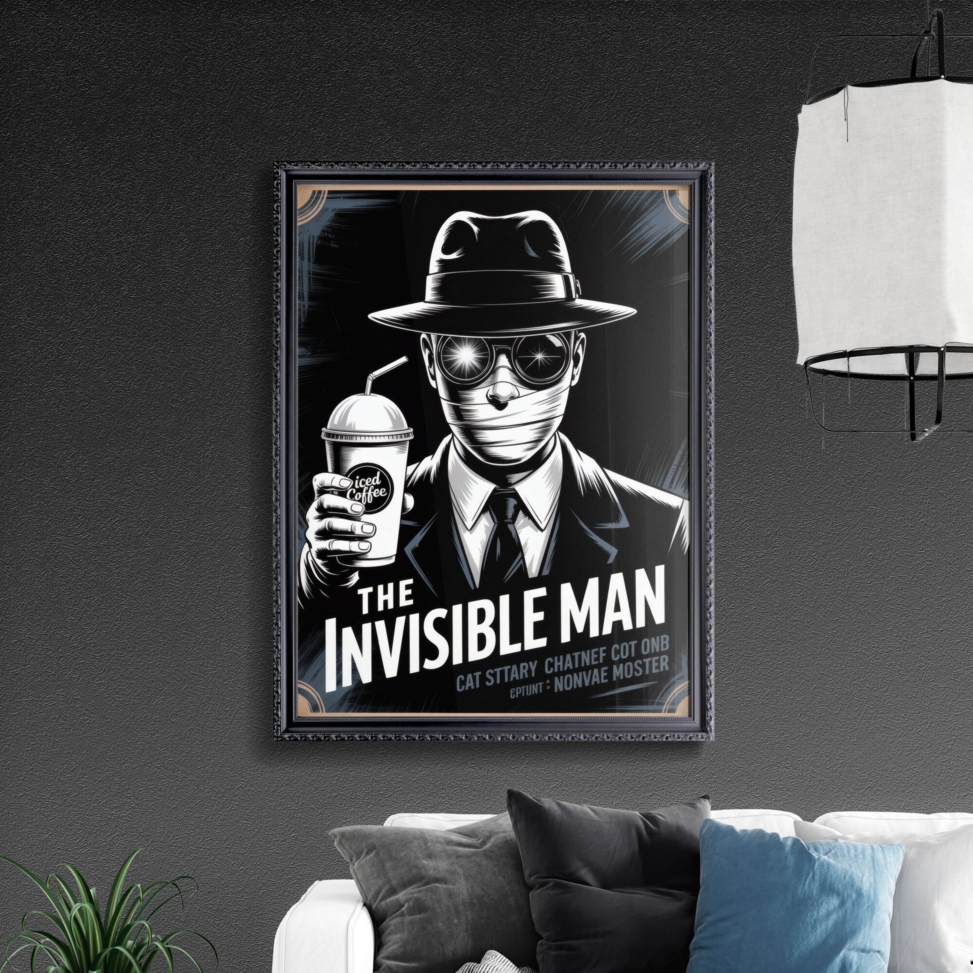 Stylish Artwork Featuring a Mysterious Figure with Iced Coffee, Evoking Intrigue and a Modern Twist on Classic Themes.