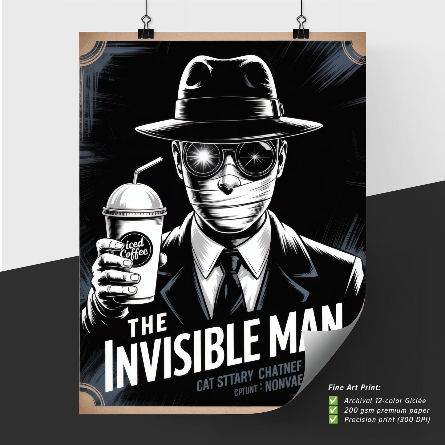 Stylish Artwork Featuring a Mysterious Figure with Iced Coffee, Evoking Intrigue and a Modern Twist on Classic Themes.