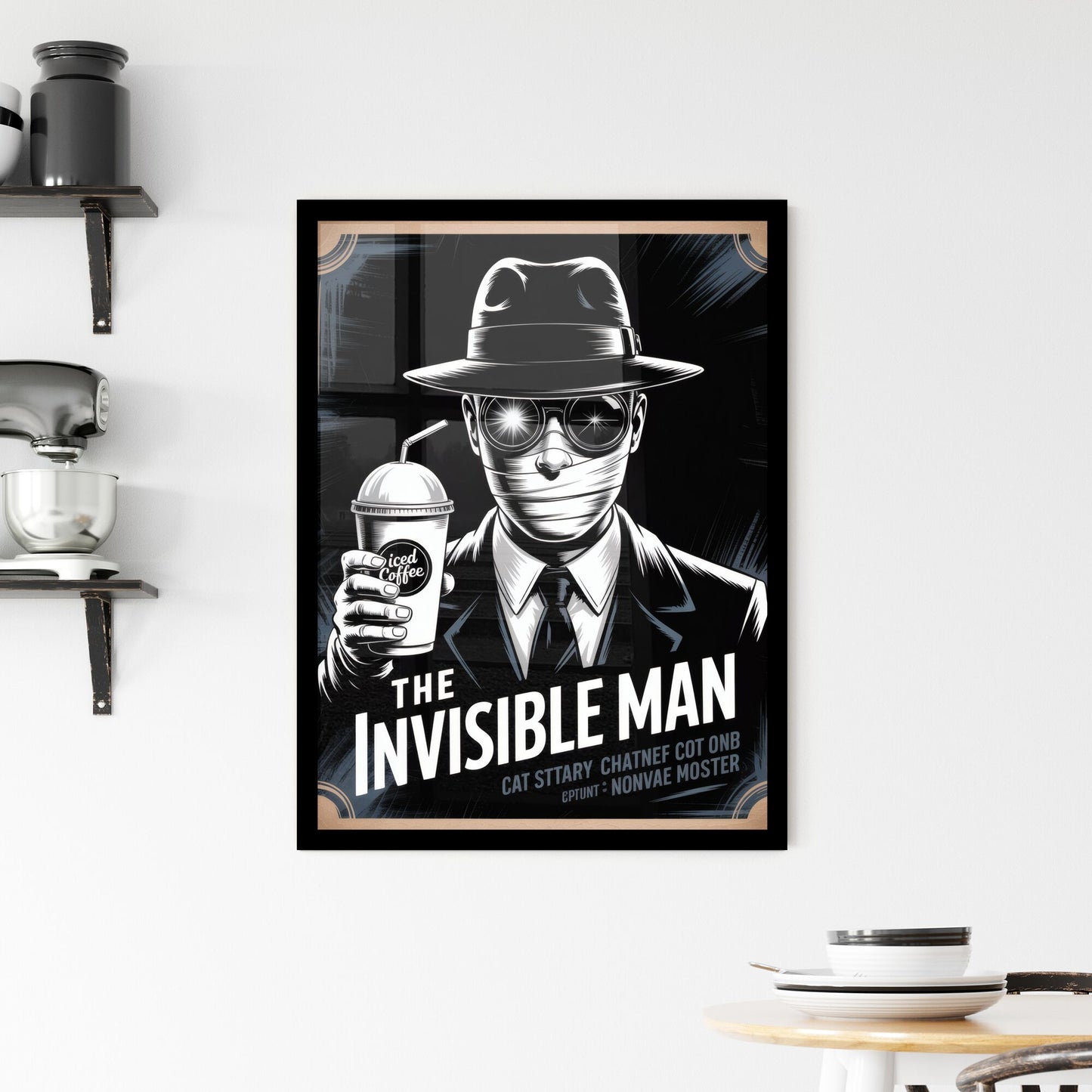 Stylish Artwork Featuring a Mysterious Figure with Iced Coffee, Evoking Intrigue and a Modern Twist on Classic Themes. Framed Print