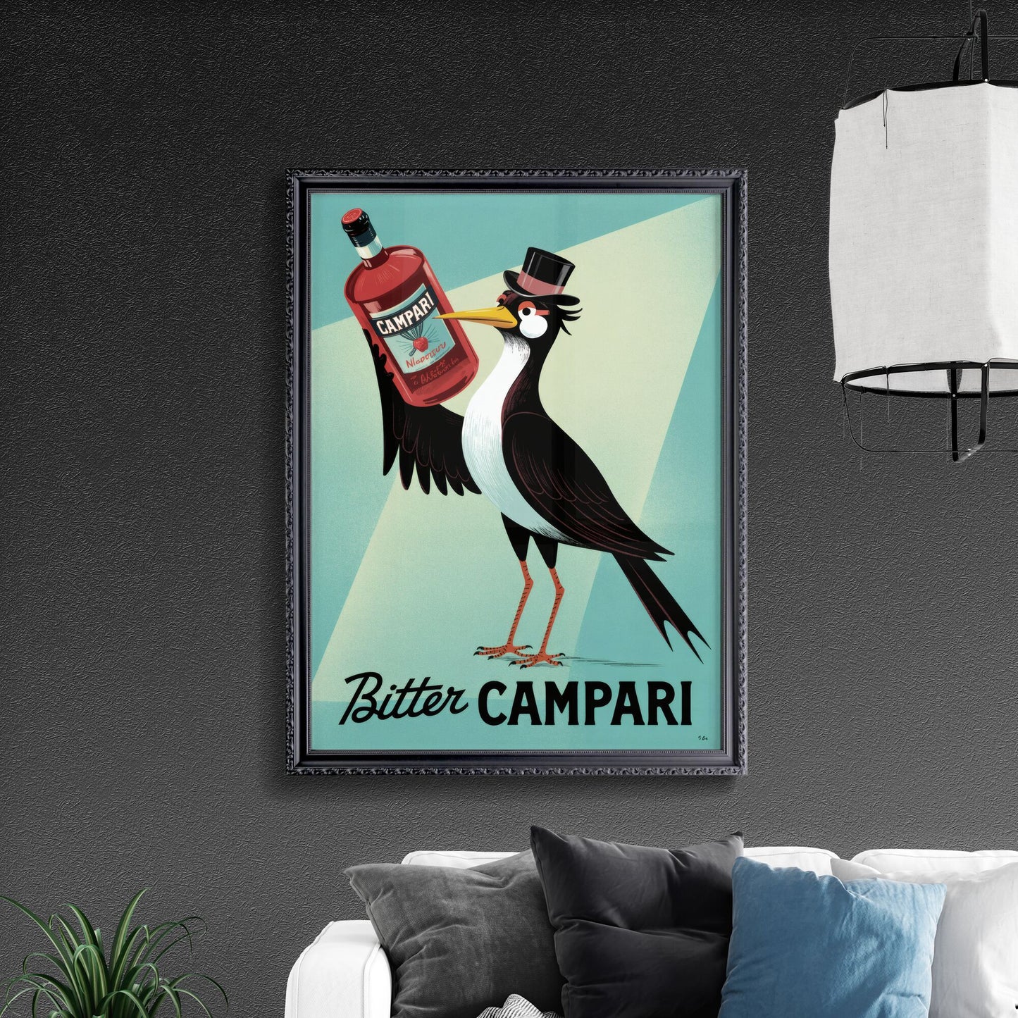 Stylish Illustration of a Bird Holding a Campari Bottle with a Vintage Flair and Vibrant Colors.