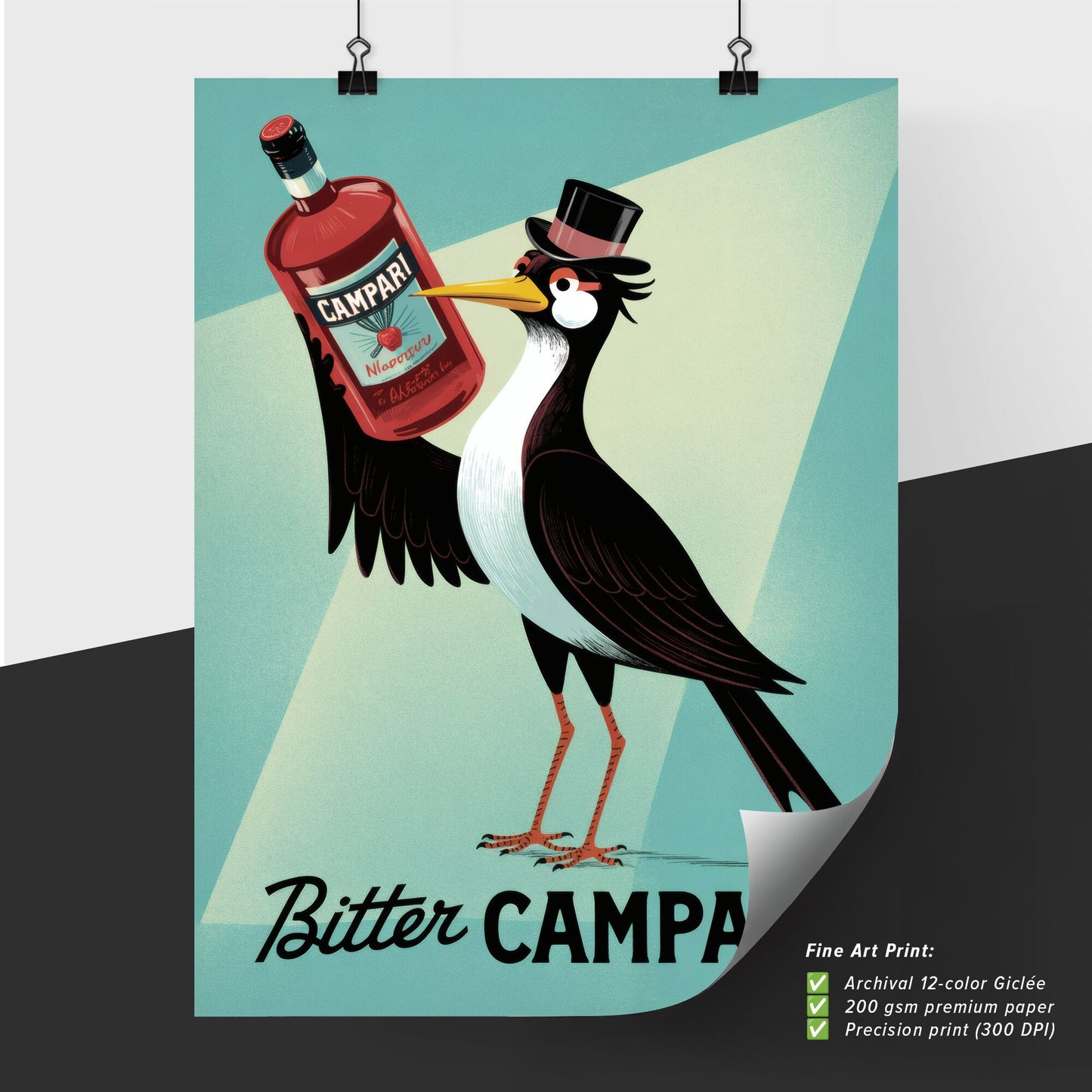 Stylish Illustration of a Bird Holding a Campari Bottle with a Vintage Flair and Vibrant Colors.