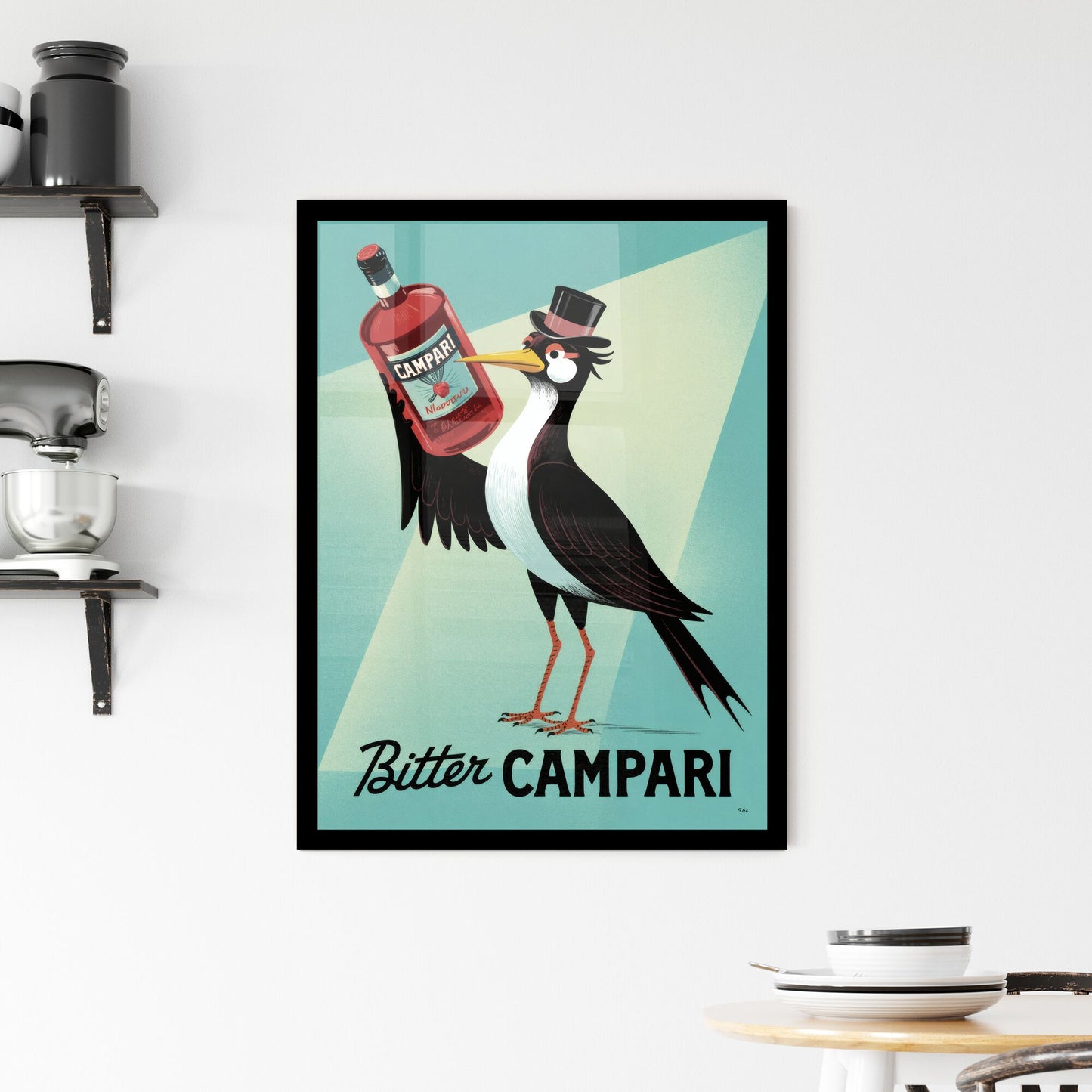 Stylish Illustration of a Bird Holding a Campari Bottle with a Vintage Flair and Vibrant Colors. Framed Print