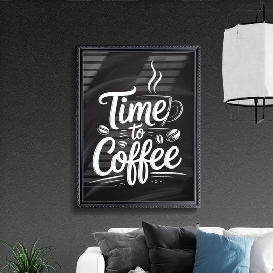 Stylish Chalkboard Design Featuring the Inspirational Phrase 'Time to Coffee' with Coffee Cup and Beans Illustrations.