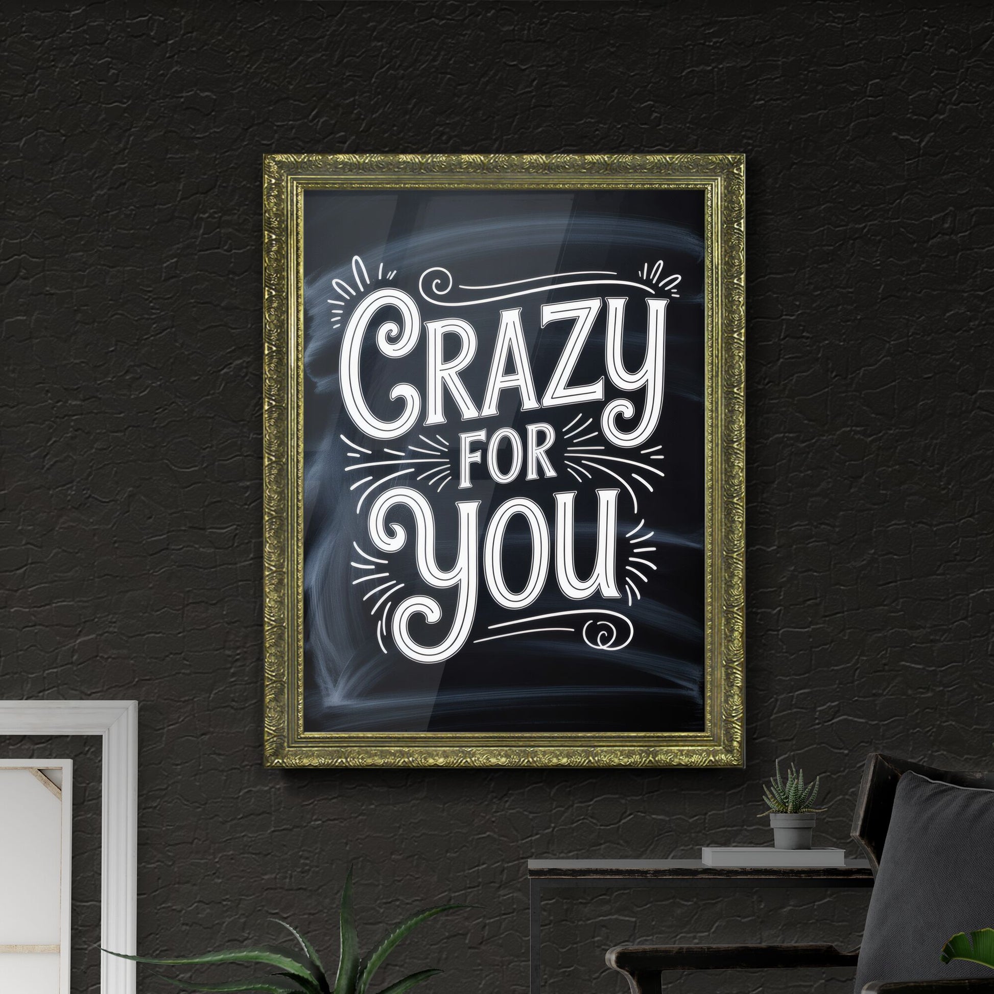 Stylish Chalkboard Design Featuring the Phrase 'Crazy for You' with Playful Typography Elements.