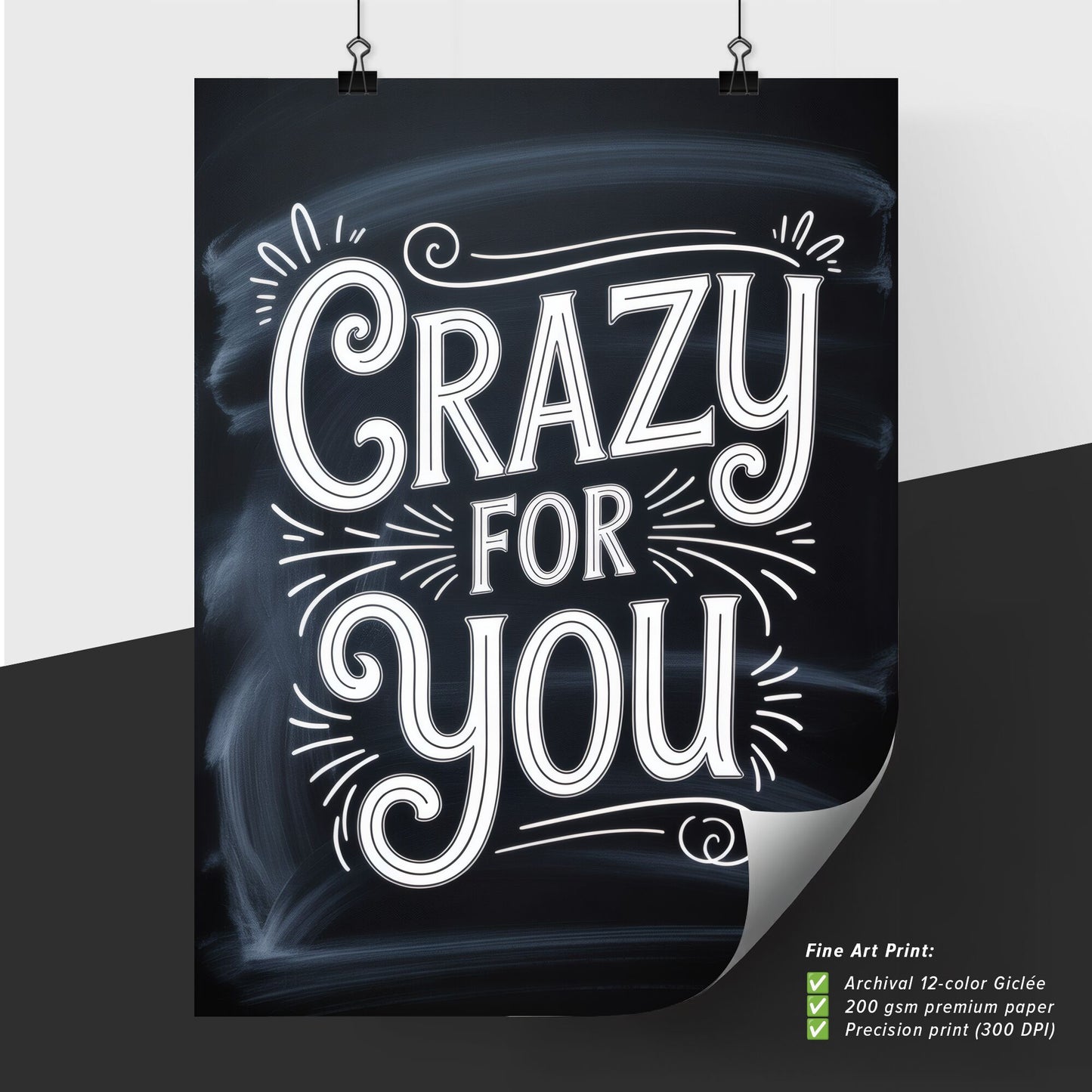 Stylish Chalkboard Design Featuring the Phrase 'Crazy for You' with Playful Typography Elements.