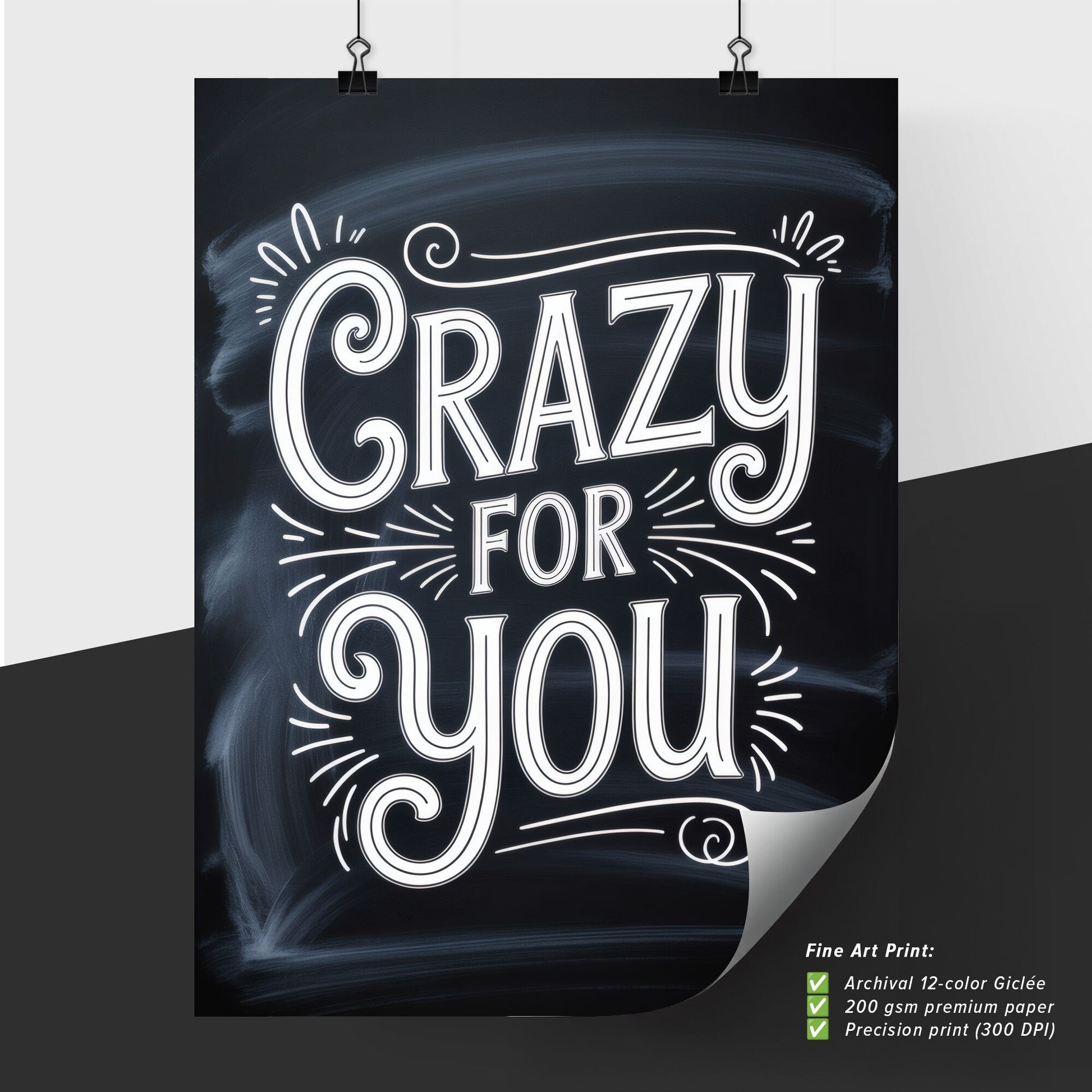 Stylish Chalkboard Design Featuring the Phrase 'Crazy for You' with Playful Typography Elements.