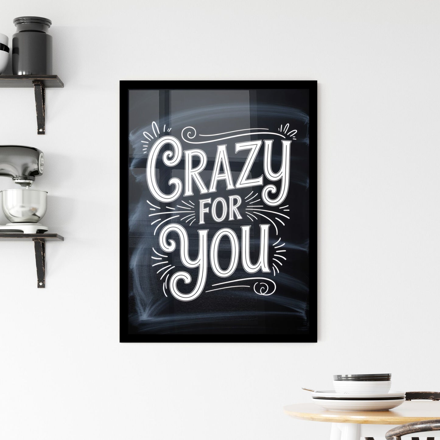 Stylish Chalkboard Design Featuring the Phrase 'Crazy for You' with Playful Typography Elements. Framed Print