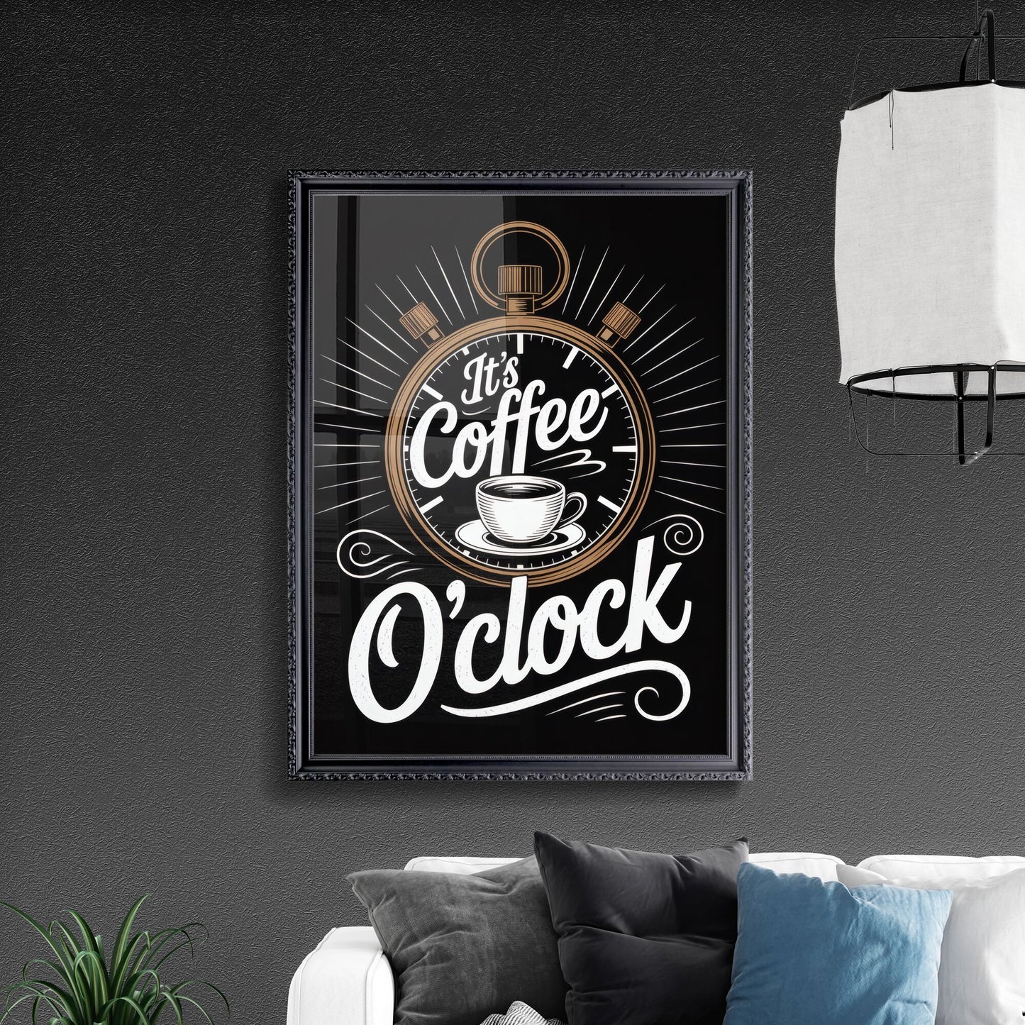 Stylish Coffee O'clock Illustration with Stopwatch and Coffee Cup on Black Background