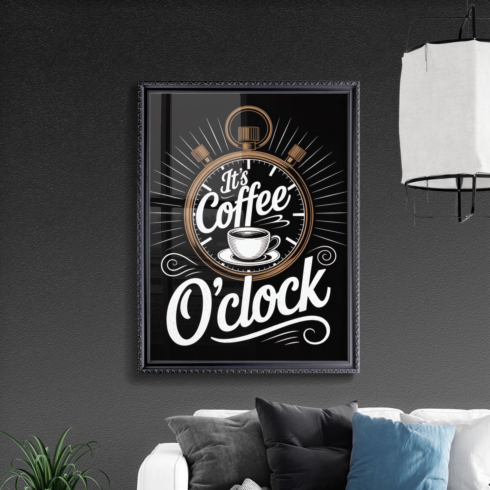 Stylish Coffee O'clock Illustration with Stopwatch and Coffee Cup on Black Background