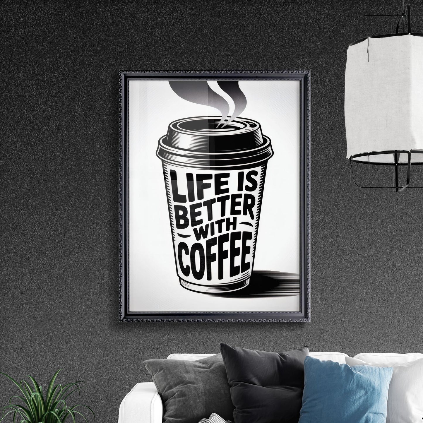 Stylish Coffee Cup Illustration with Inspirational Quote: 'Life is Better with Coffee' in Black and White.