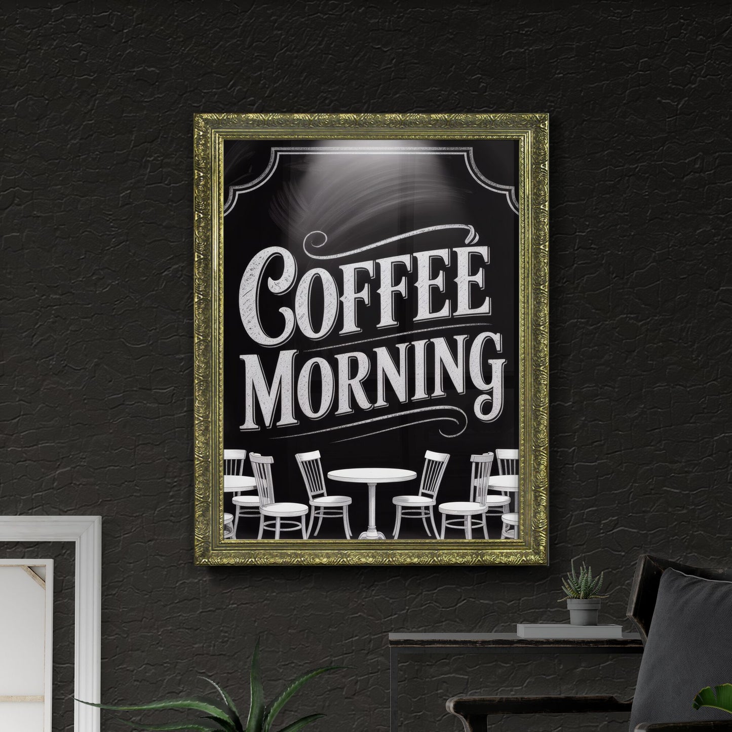 Stylish Coffee Morning Atmosphere with Elegant Seating and Inviting Chalkboard Sign.